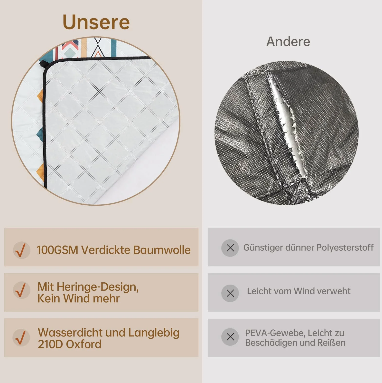 HAUSPROFI Koc piknikowy w stylu boho 200 x 200 cm, wodoszczelny i izolowany – XXL koc outdoorowy na piknik, plażę, do ogrodu. Koc kempingowy wyściełany bawełną, wraz z uchwytem do noszenia i śledziami