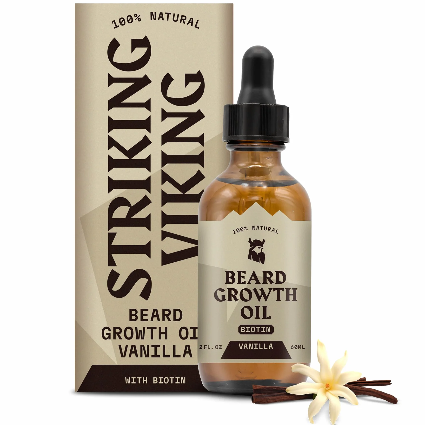 Striking Viking Olejek do wzrostu brody z biotyną, 60 ml, zapach wanilii, zagęszczający, odżywczy, biotynowy olejek do brody dla mężczyzn z arganem i jojobą, serum na porost włosów na twarzy dla
