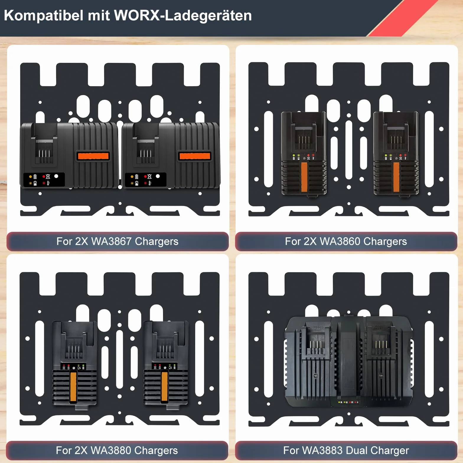 Upgrade 3 w 1 uchwyt ścienny do ładowarek Worx, akumulatorów i wiertarki, metalowy uchwyt na akumulator do 4 akumulatorów 20 V, 2 ładowarki WA3867 / 2 ładowarki WA3880 / 1 podwójna ładowarka