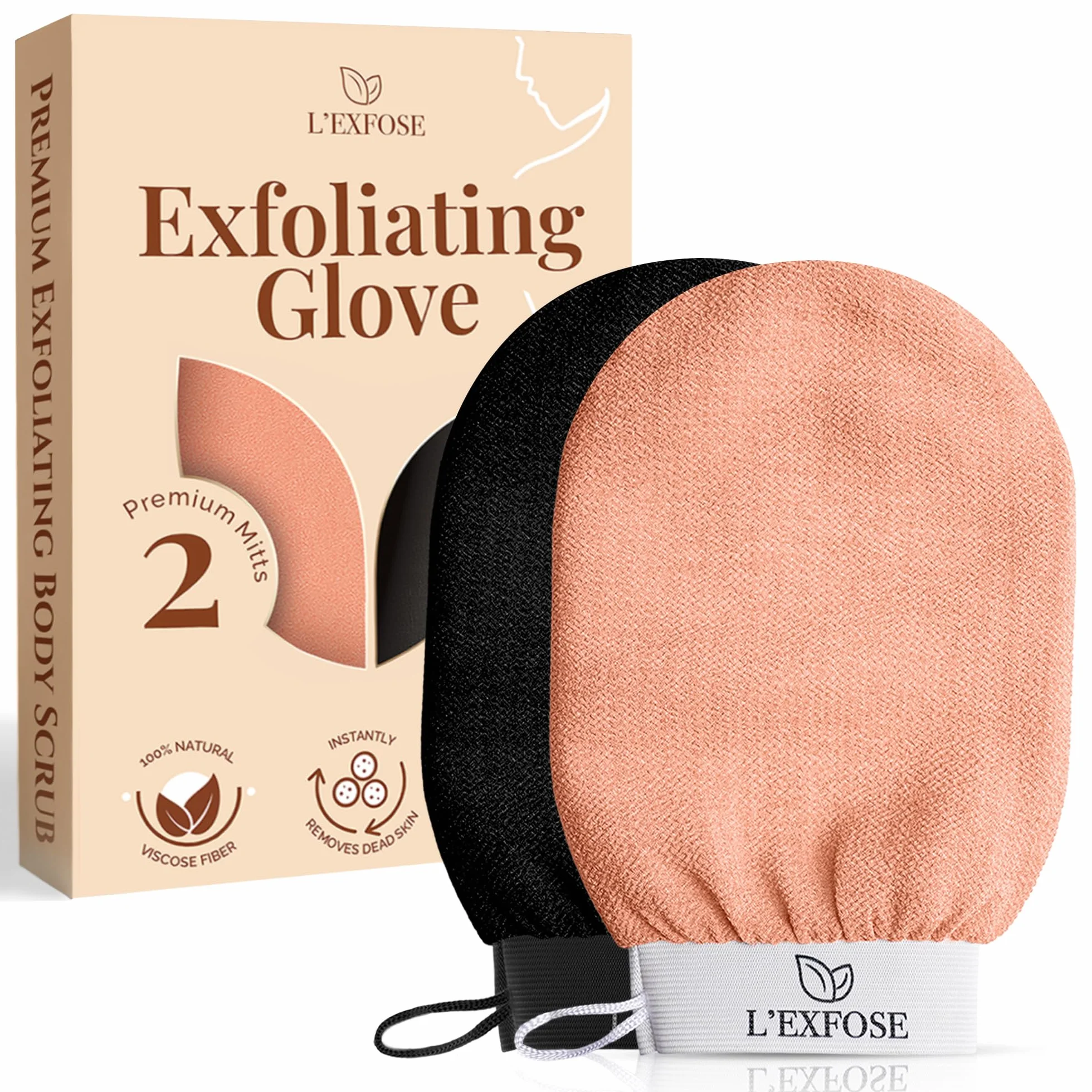 L'Exfose 2x rękawice złuszczające do ciała - rękawica z włosia, peeling do ciała i twarzy z naturalnej wiskozy - Usuwa martwe komórki skóry i nawilża - Przyjemne uczucie spa bez czarnego mydła