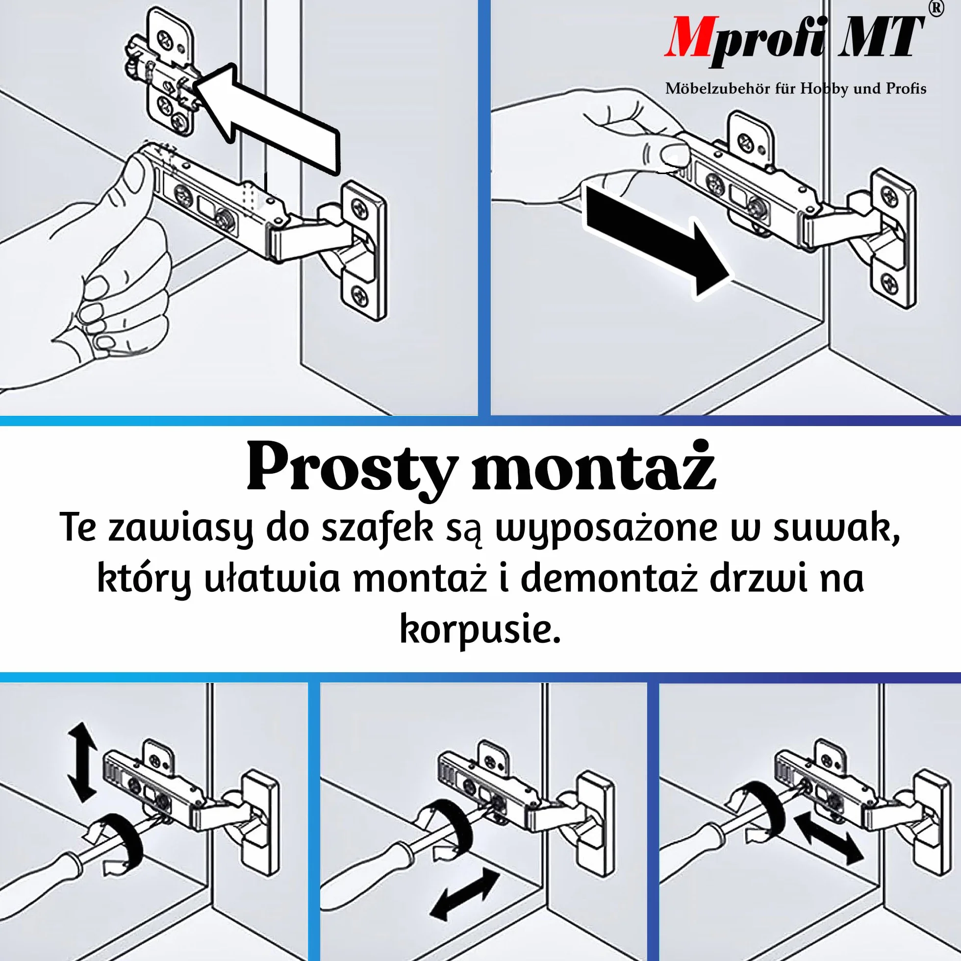 Mprofi MT® Zestaw 4 Zawiasów do Drzwi Szafy i Mebli - Ø 35 mm - do Szafek Kuchennych - Ogranicznik Narożny P/R/4