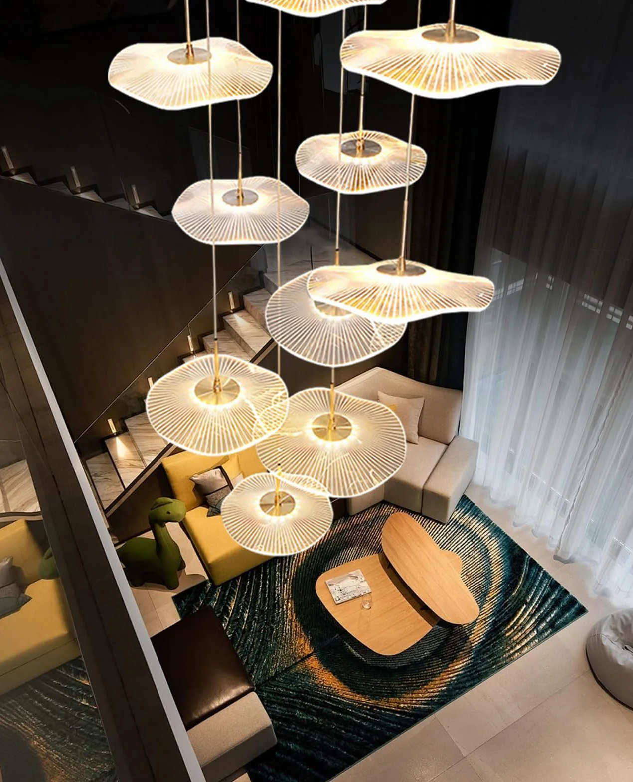 Nowoczesny styl żyrandol w kształcie lotosu, modna mała dwupoziomowa rezydencja salon oprawa oświetleniowa, luksusowy apartament na najwyższym piętrze, willa, wpuszczone schody, lampa