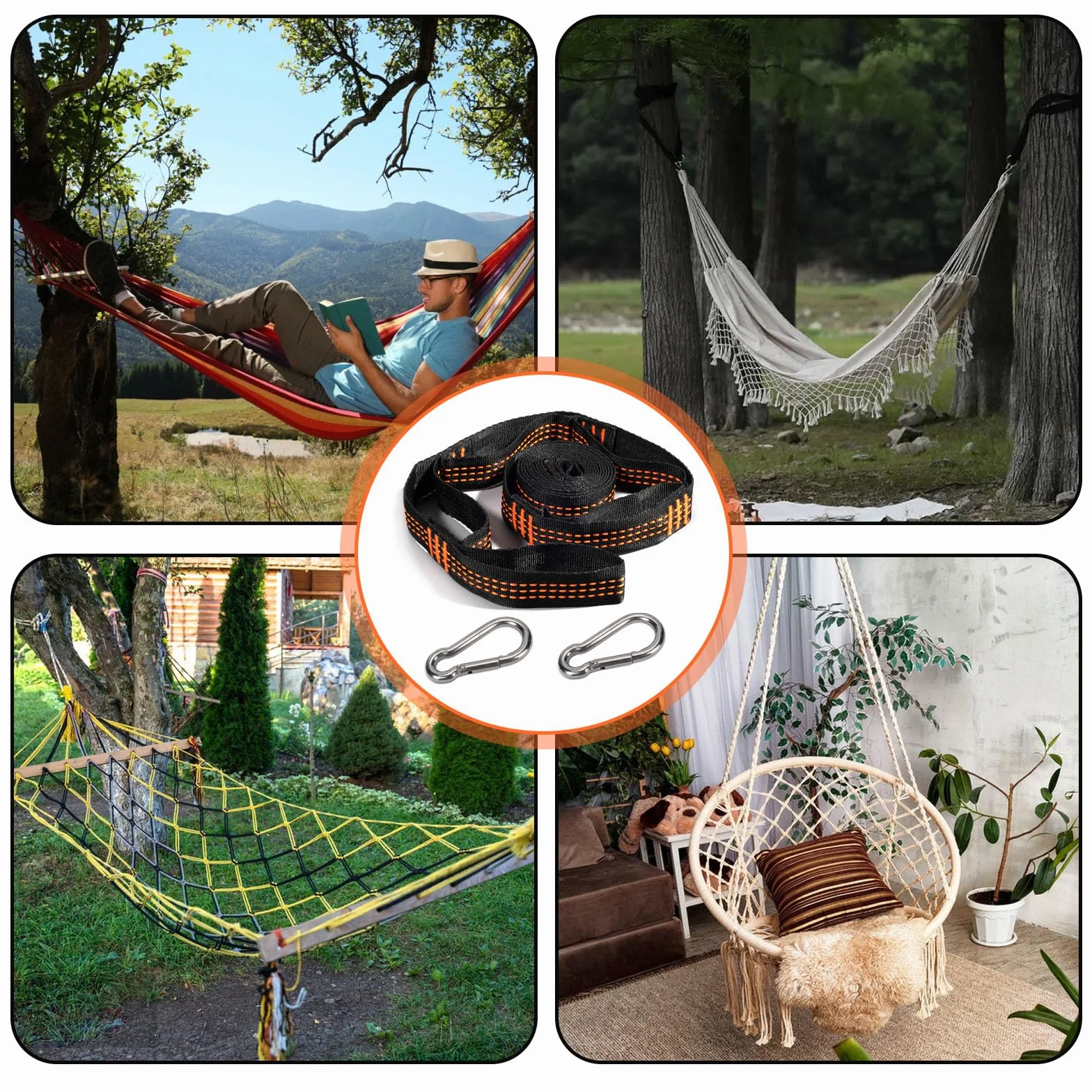Zestaw do mocowania hamaków, 2 sztuki pasków do zawieszenia, na camping