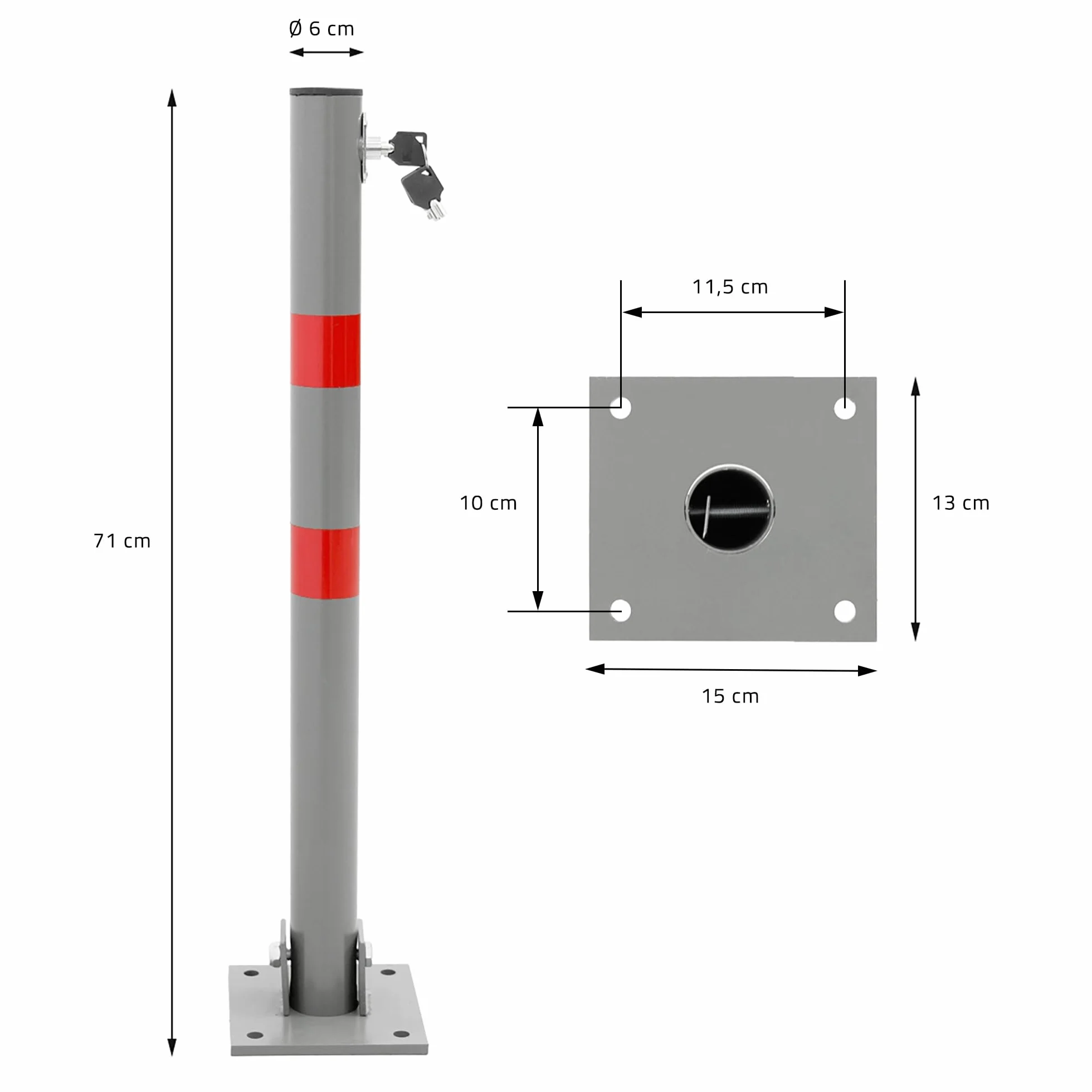 ECD Germany 1x skladany slupek parkingowy 68 cm okragly z czerwonymi pasami ostrzegawczymi i 3 kluczami Wykonany ze stali idealny do wyznaczania i blokowania miejsc parkingowych pelni funkcje bariery