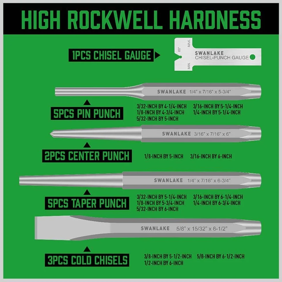 SWANLAKE Punch and Chisel Set, Including Taper Punch, Cold Chisels, Pin Punch, Center Punch (16pcs)