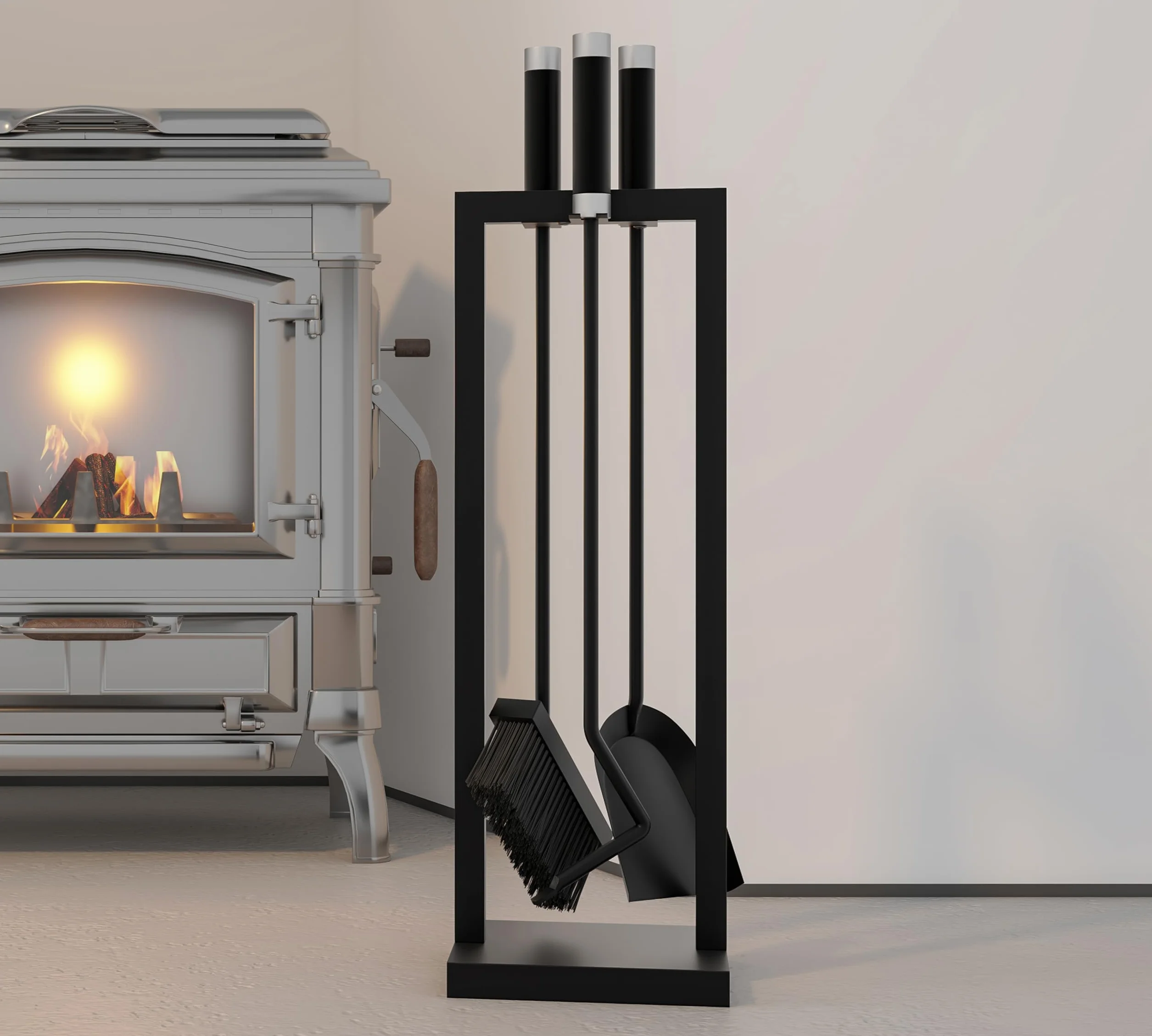 Kingson Fireside Companion – 3-częściowy zestaw narzędzi kominkowych ze stojakiem, zawiera łopatę, pędzel i poker, powlekany proszkowo na czarno ze stalowymi i nierdzewnymi uchwytami, 59,5 cm