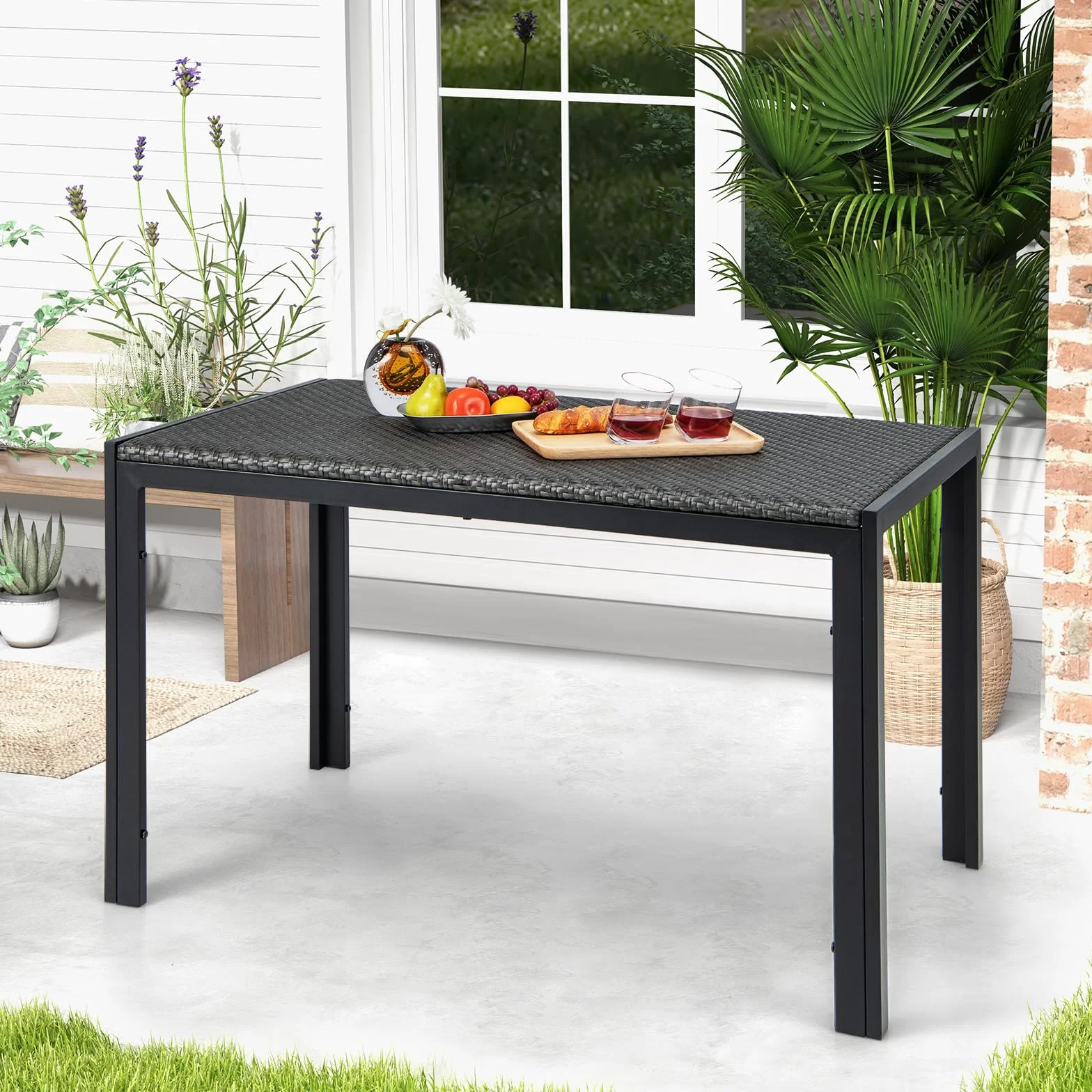 COSTWAY Stół ogrodowy rattanowy 120x71x72 cm prostokątny z metalową ramą