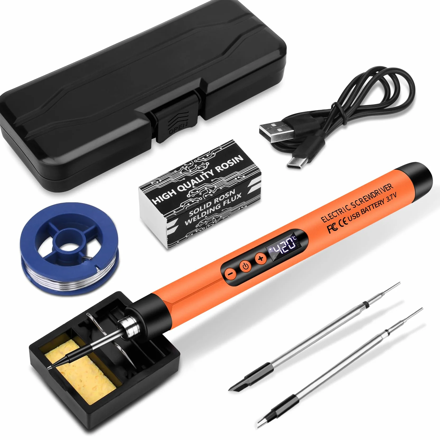 KKMOL Zestaw lutownicy akumulatorowej, lutownica USB ładowana z LCD, temperatura regulowana 330 °C - 420 °C, 1 grot lutowniczy, drut lutowniczy, pasta lutownicza, profesjonalny bezpieczny komplet