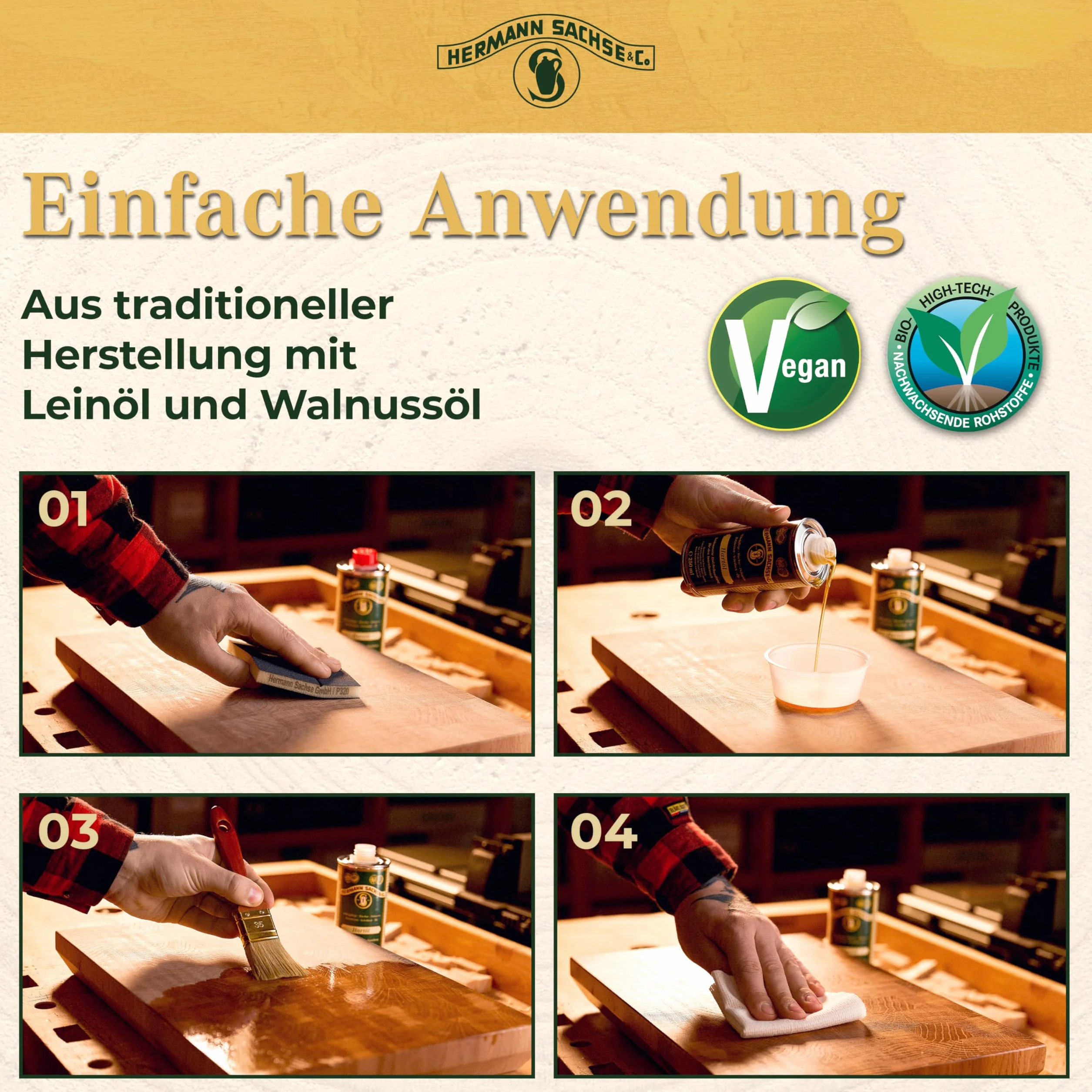 Hermann Sachse Hartöl - 250ml - Holzöl - Möbelöl - Effektiver Holzschutz im Innenbereich - Natürliches Leinöl - Arbeitsplattenöl - Öl für Tische - Made in Germany