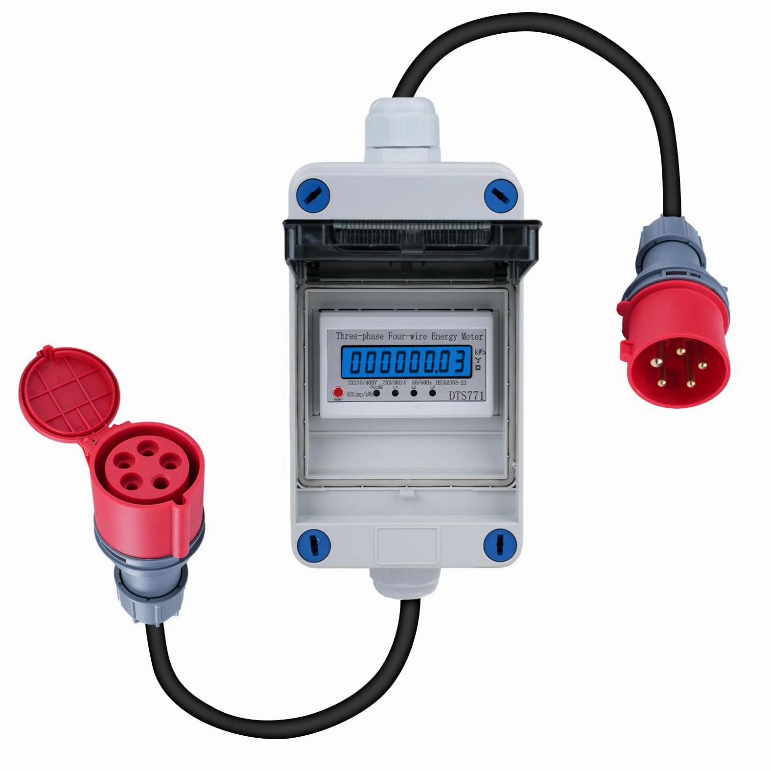 3-fazowy mobilny cyfrowy licznik elektryczny, 16 A, 400 V, 3-fazowe gniazdo CEE Mobilny cyfrowy licznik 5 x 2,5 mm² z resetowaniem Kabel 2 m IP44, adapter wtyczki z licznikiem (H07RN-F HR-03X)