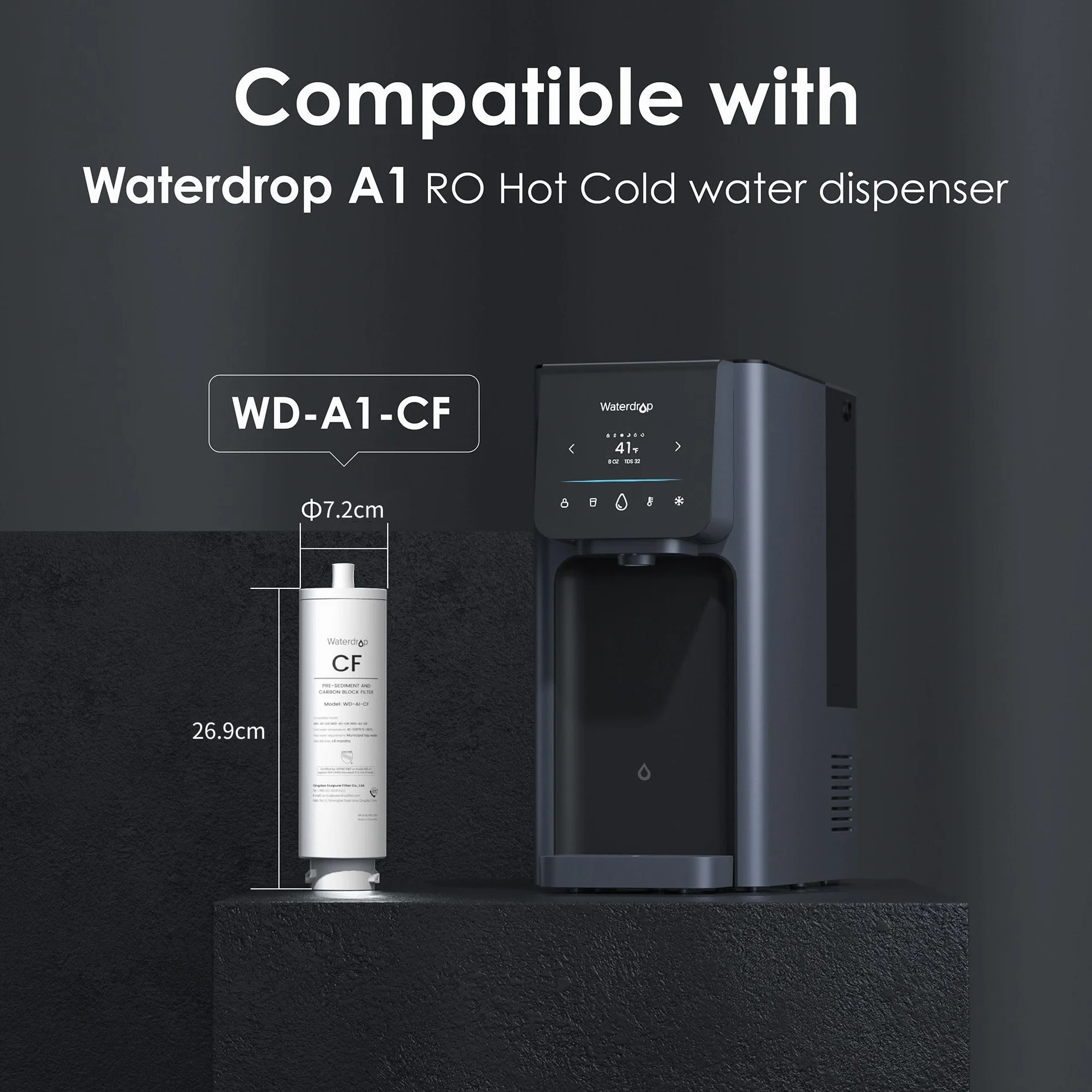 Waterdrop WD-A1-CF Filtr, Zamiennik do Dystrybutora Ciepłej i Zimnej Wody WD-A1 z Odwróconą Osmozą, 6-Miesięczny Okres Użytkowania Funkcja