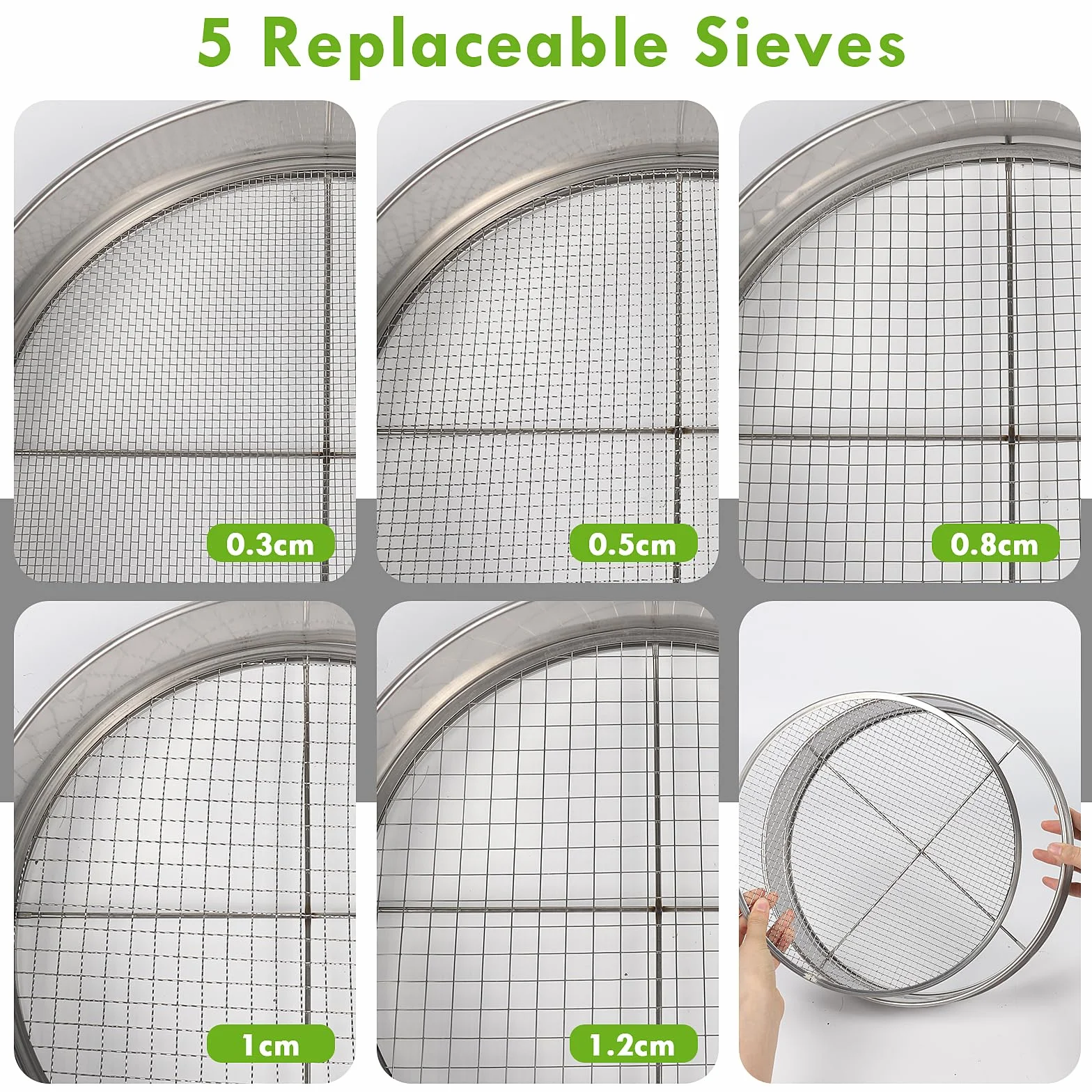 Sitko do kompostu ze stali nierdzewnej 30 cm 5 sitek wymiennych 3-12 mm srebrny