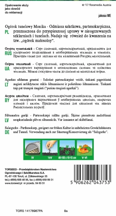 Monika nasiona ogórków – wczesne dojrzewanie, partenokarpiczne, idealne do świeżych sałatek i kiszenia, owoce 10-12 cm, idealne do nieogrzewanych szklarni i tuneli (1 gram)