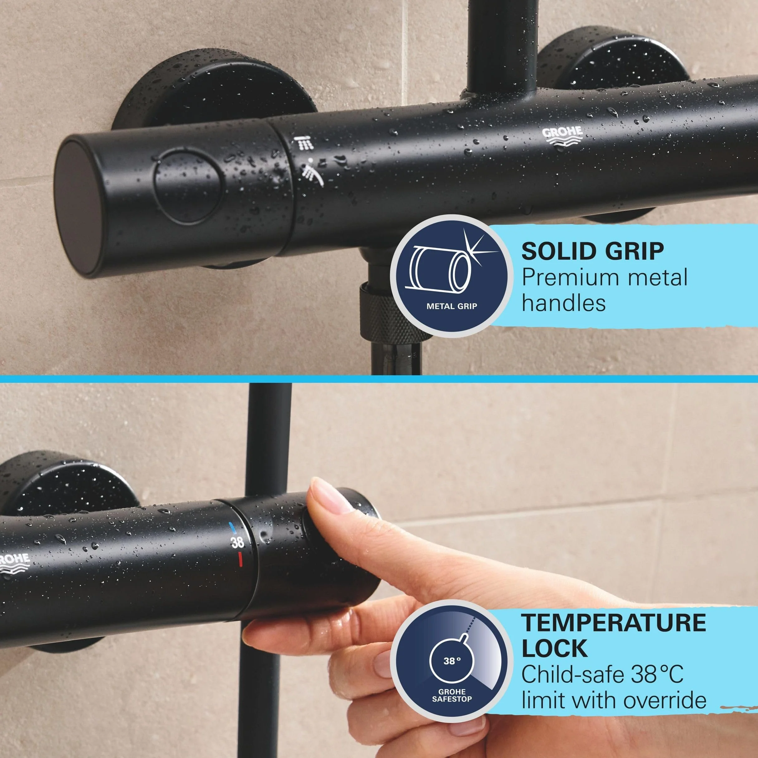 Grohe GROHE Vitalio Comfort 250 Kolumna prysznicowa z termostatycznym akumulatorem, prysznic z kwadratową głowicą 25 cm, 1 strumień, kwadratowy prysznic 11 cm 2 strumienie, elastyczny 1,75 m, oszczędność