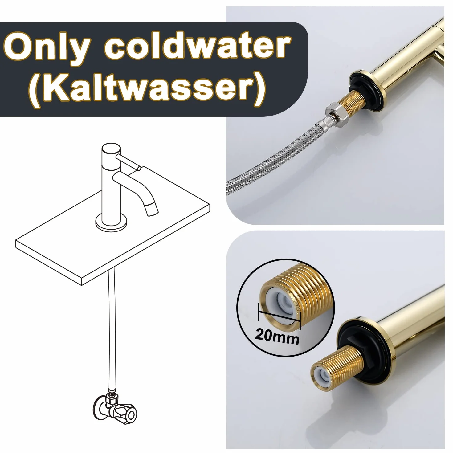 JOHO Bateria umywalkowa, armatura do zimnej wody, kran do zimnej wody (YB001 Golden)