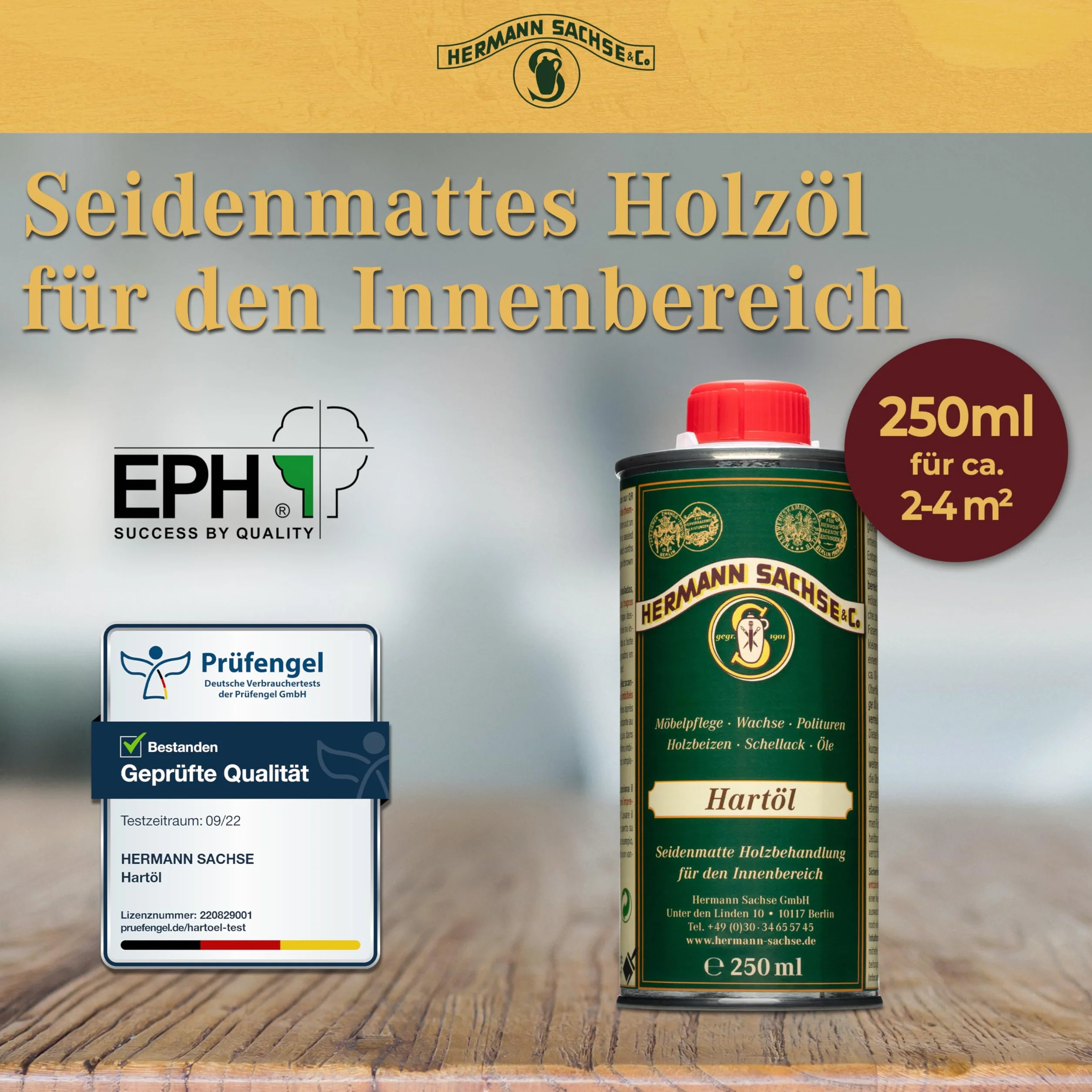 Hermann Sachse Hartöl - 250ml - Holzöl - Möbelöl - Effektiver Holzschutz im Innenbereich - Natürliches Leinöl - Arbeitsplattenöl - Öl für Tische - Made in Germany