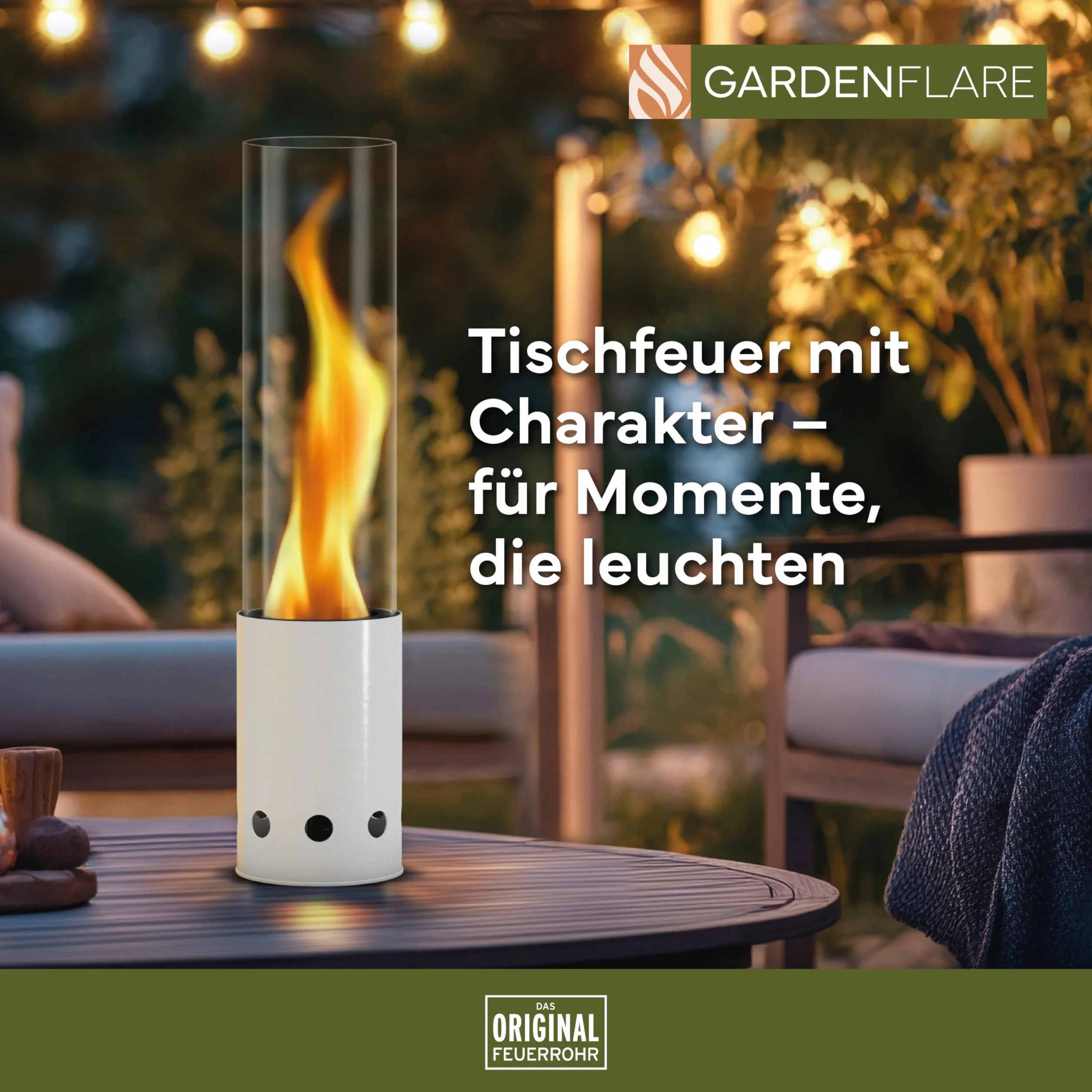 GARDENFLARE Kominek stołowy do użytku na zewnątrz – bezdymna stal nierdzewna, ogień stołowy i rura paleniskowa na balkon i taras – wysokiej jakości dekoracja ogrodowa, lampion z zasilaniem pelletem