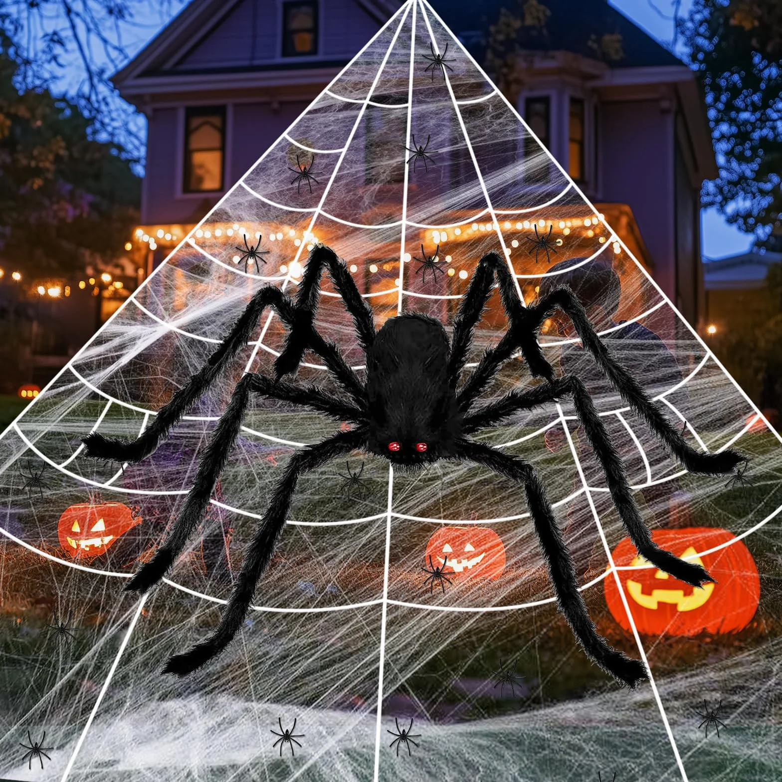 Dekoracyjny pająk na Halloween, duży outdoor: 1,5 m ogromny pająk + 5 m ogromna pajęczyna + 20 mini pająków, na Halloween, do ogrodu na zewnątrz, dla właścicieli domów, rodziców, gospodarzy
