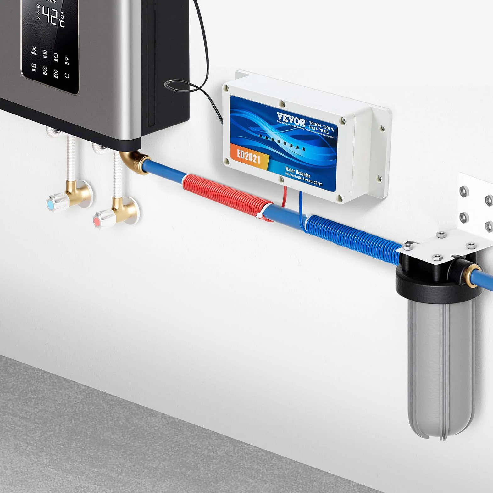 VEVOR Elektroniczny system odkamieniania wody, odkamieniacz bez soli, zmiękczacz twardej wody w celu zmniejszenia gromadzenia się kamienia do domowych rur hydraulicznych, maszyna do zmiękczania wody