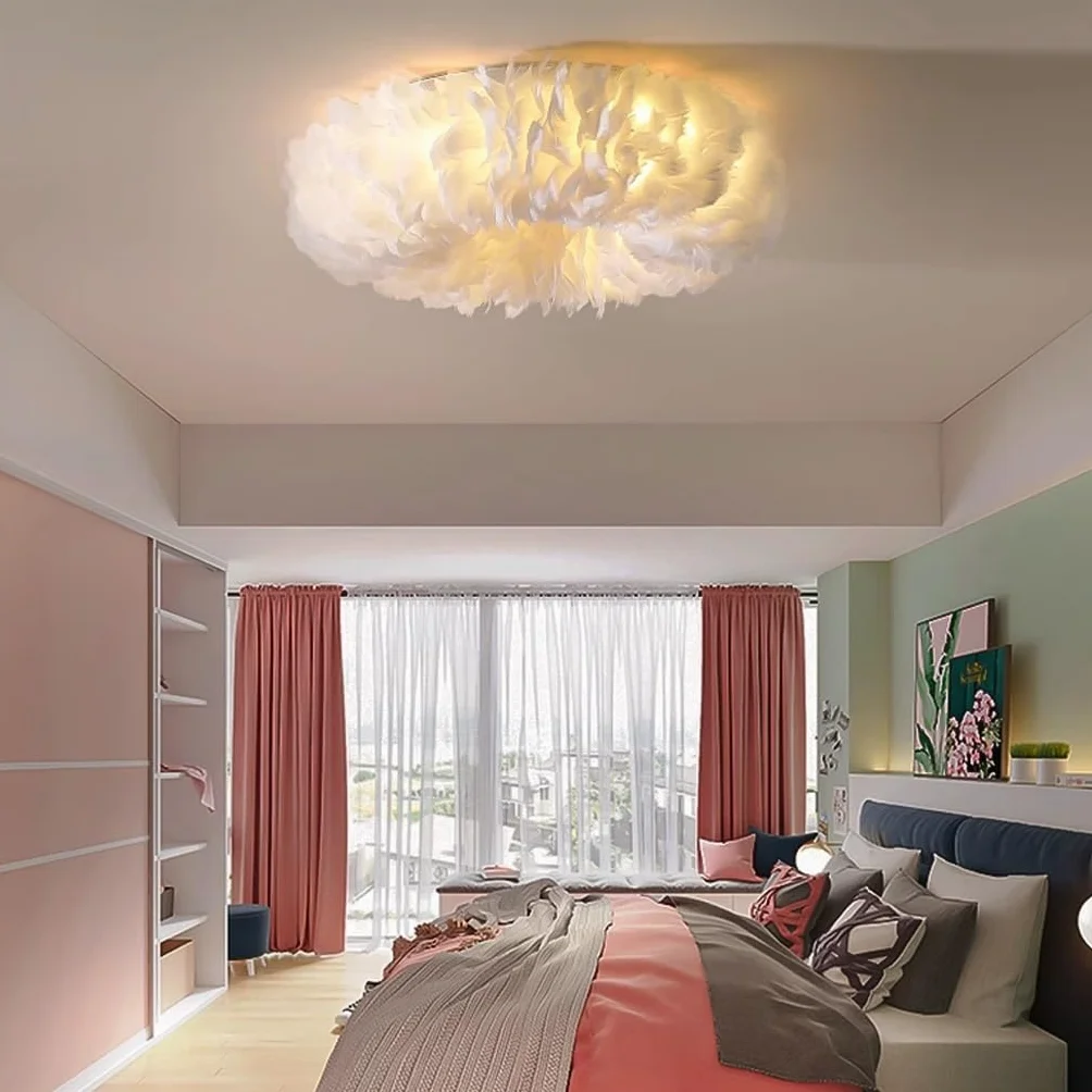 Lampa Sufitowa Nowoczesna Z Abażurem Z Białymi Piórami - Przytulna Aranżacja Ze Ściemniaczem E27 - Oświetlenie Sufitowe Do Sypialni/Salonu Dziecięcego - Stylowa Dekoracja Wnętrz Domowych & Resta