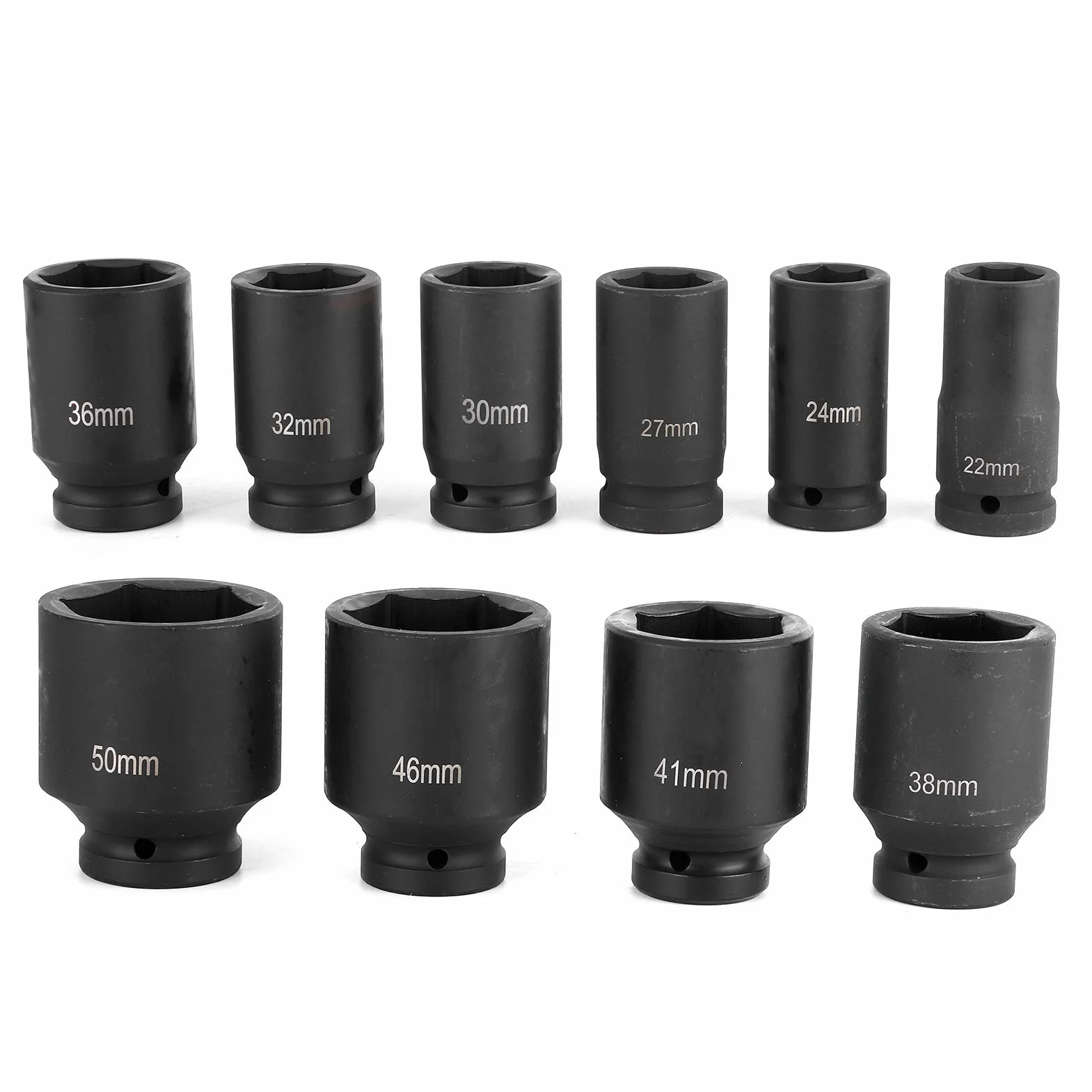 Cocoarm Zestaw Nasadek Udarowych Głębokie Nasadki Metryczne 3 Napęd 4 Cale Stal Cr Mo 10 szt. 22 Mm Do 50 Mm 6-kątne z żelazną obudową Do Naprawy Samochodów Użytku w Warsztacie Serwisowym kół