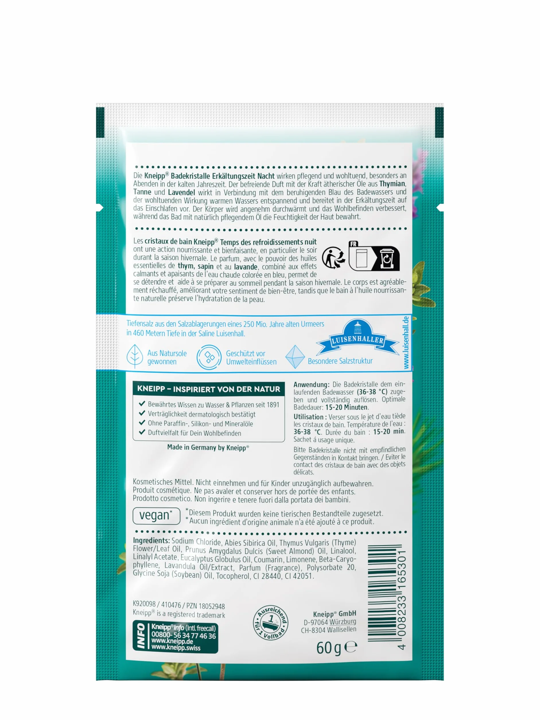 Kneipp Kryształy do kąpieli w nocy – naturalna sól do kąpieli Saline Luisenhall z olejkami eterycznymi z lawendy, tymianku i świerku – relaksujący sen w zimnych porach roku – 60 g