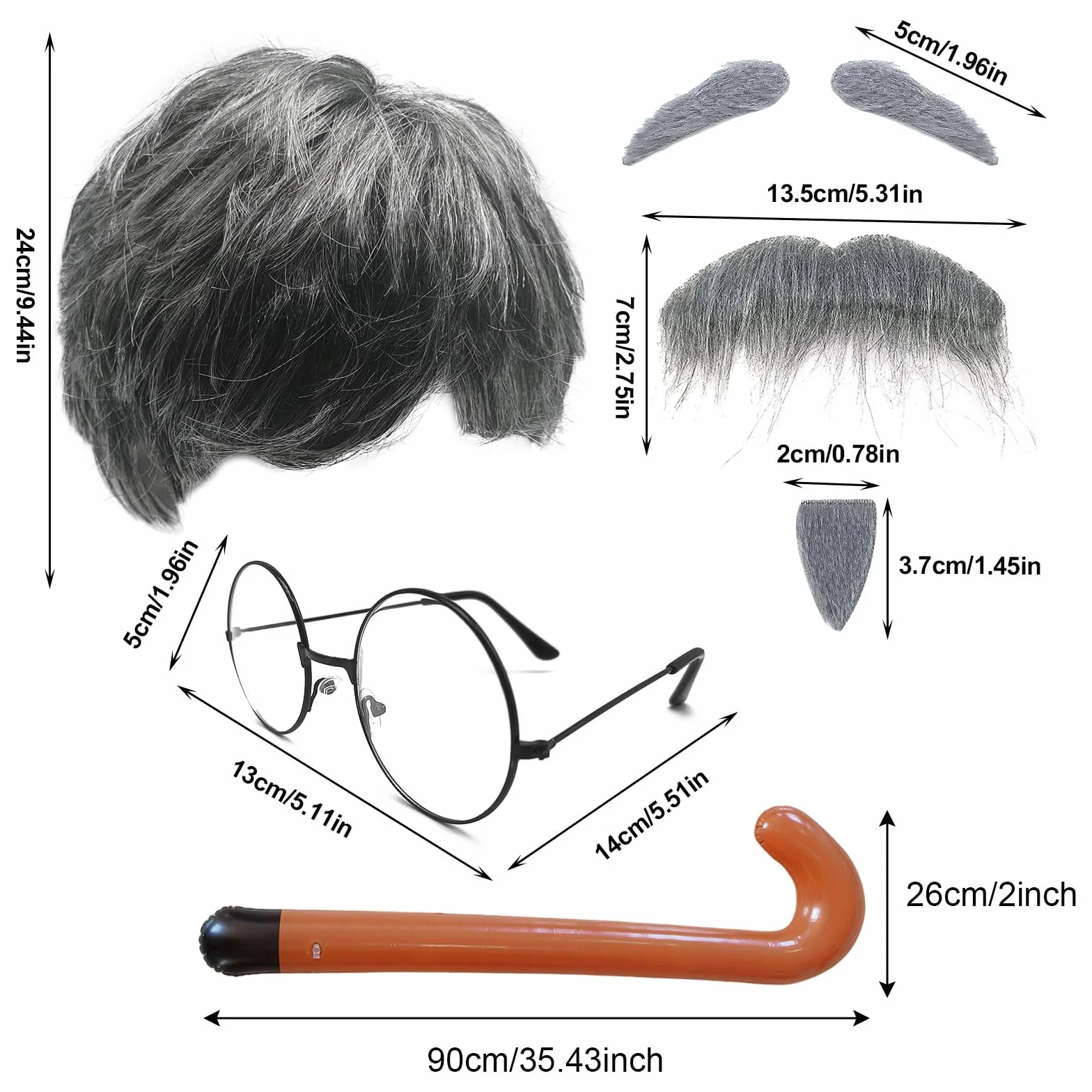 MIVAIUN Zestaw 8 fantazyjnych sukienek, dla dziadka, peruka starca, szara sztuczna broda, brwi, czapka, okulary, nadmuchiwana laska do chodzenia, męska peruka kostium na imprezę cosplay