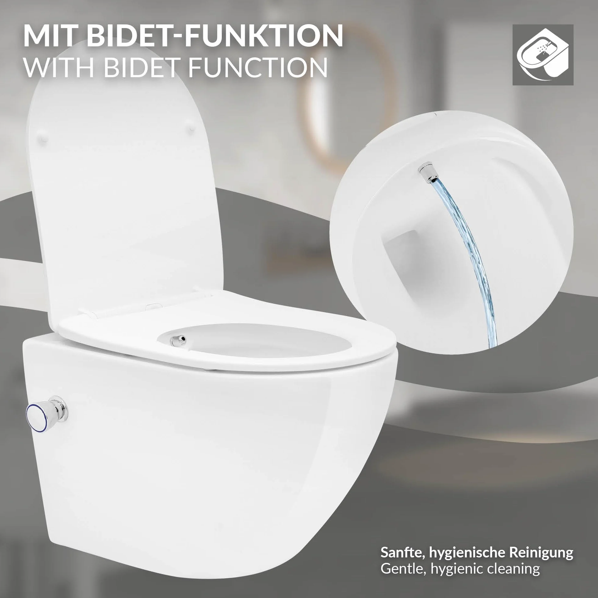 LuxeBath Miska WC Wiszaca Bezrantowa z Funkcja Bidetu, Biala, Nanopowloka, Spluczka Tornado, Ceramiczna, Krótka 49 cm, Blyszczaca z Deska Sedesowa z Cichego Domykania