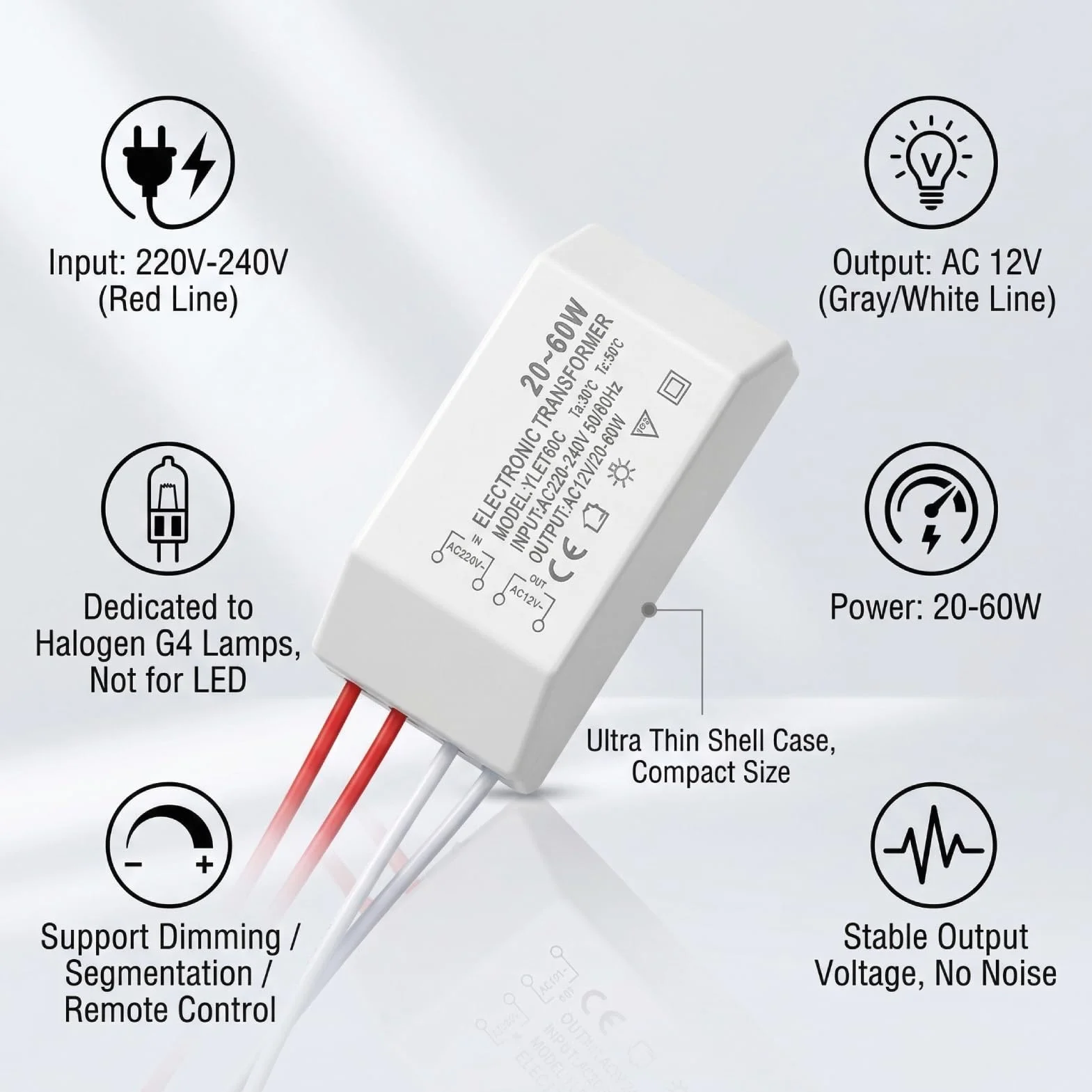 Jeffergarden Przetwornica Napięcia AC 220V na 12V, Transformator Elektroniczny 20-60W, do Lamp Halogenowych G4