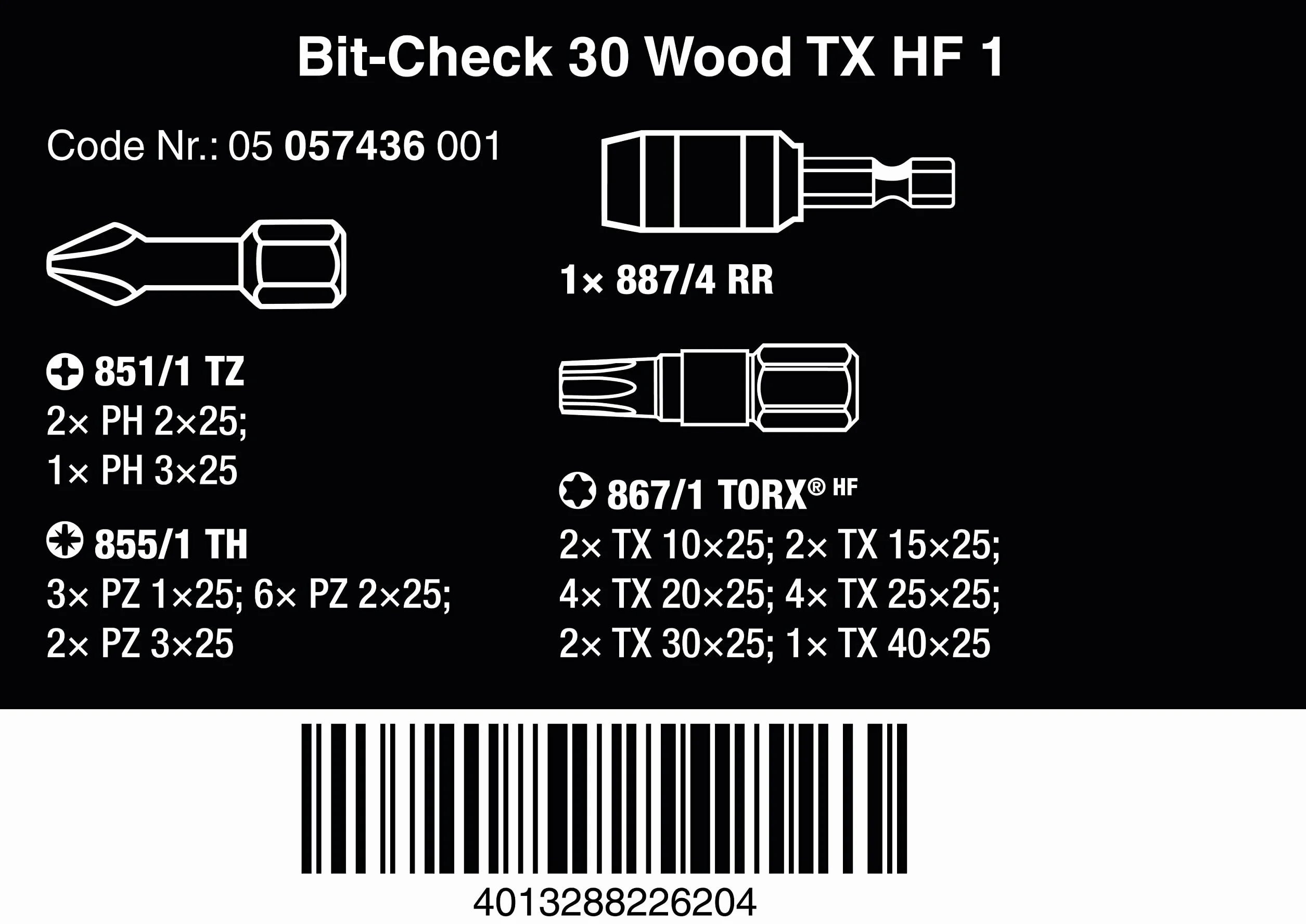 Wera - 05057436001 - asortyment bitów, Bit-Check 30 Wood TX HF 1, 30-częściowy