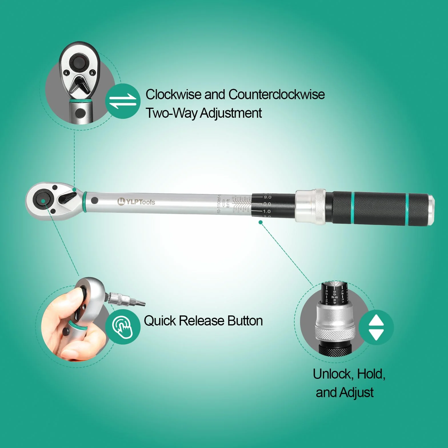 Zestaw kluczy dynamometrycznych 1/4 cala, 50.8-508.0 cm-lb (2,26-22,6 Nm), dokładność ± 3%, 4-częściowy zestaw z adapterami, drążkiem przedłużającym i etui do przechowywania