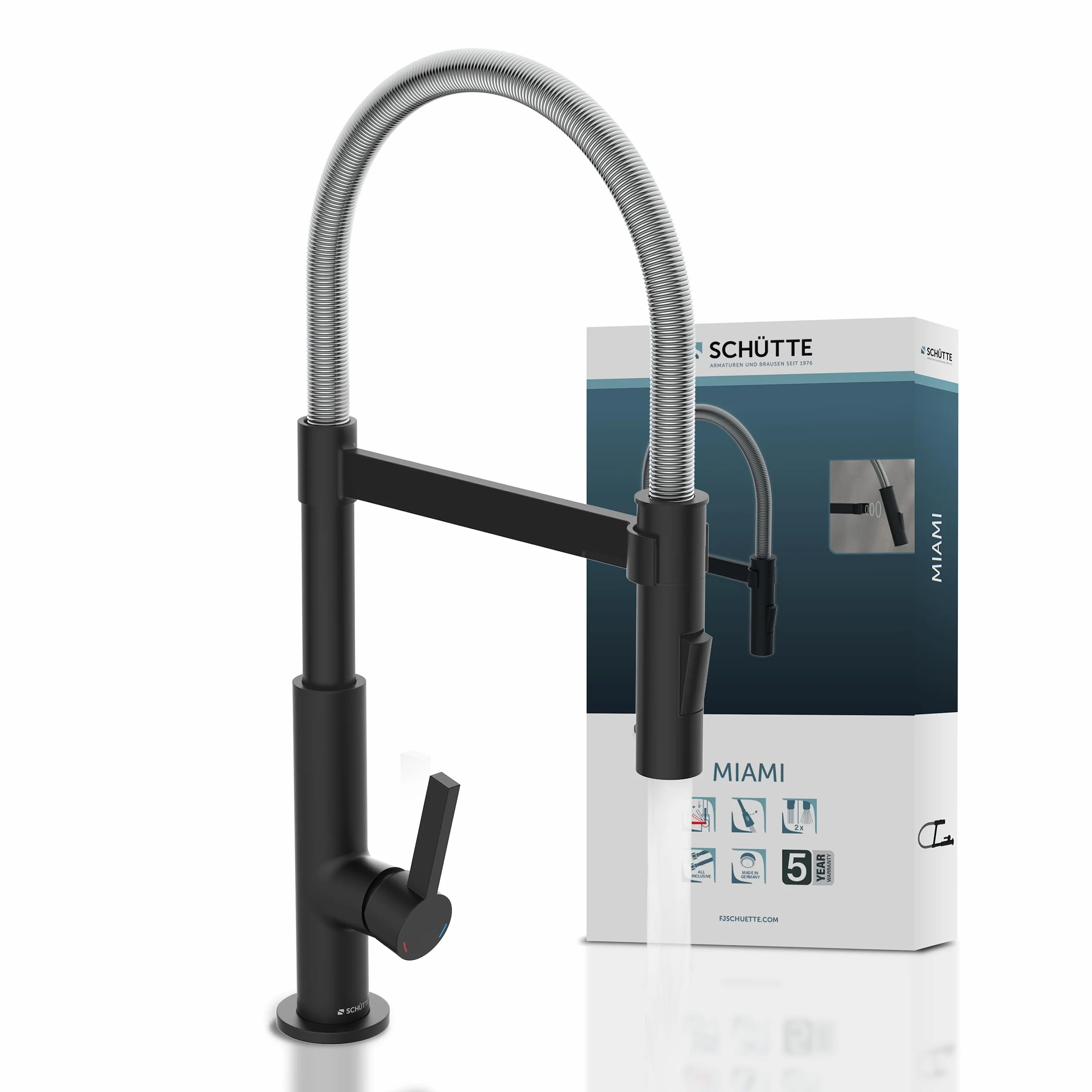 Schütte 79146 Miami Armatura Kuchenna 360°, Bateria Jednouchwytowa z Wysuwaną, Magnetyczną Słuchawką do Naczyń, Bateria Mieszakowa do Zlewozmywaka, Kran Kuchenny, Kolor Czarny