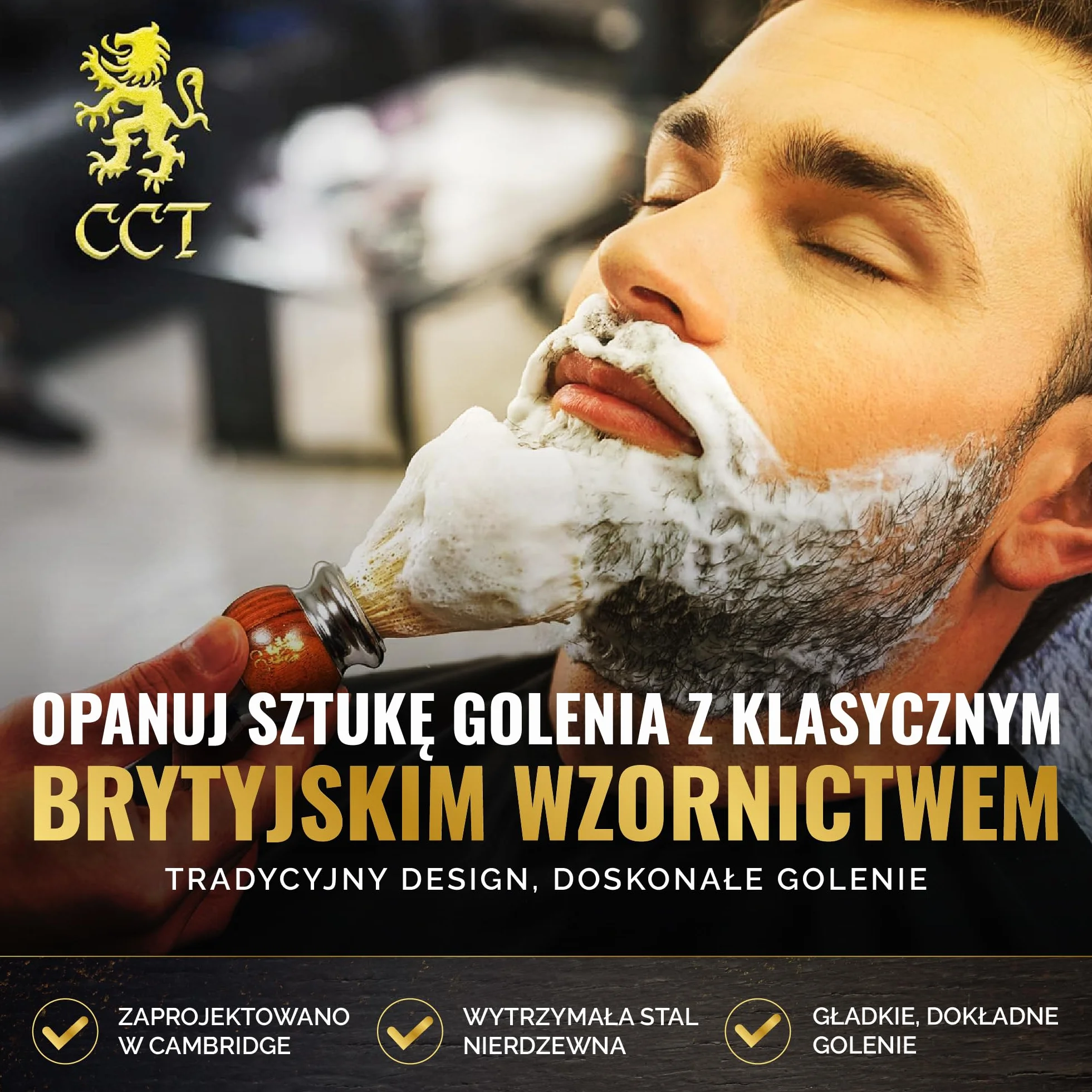 Luksusowy pędzel do golenia The Cambridge Cutthroat® z drewna Missanda i stali nierdzewnej dla mężczyzn, syntetycznym włosiem Silvertip, przyjaznym weganom, imitującym włosie borsuka