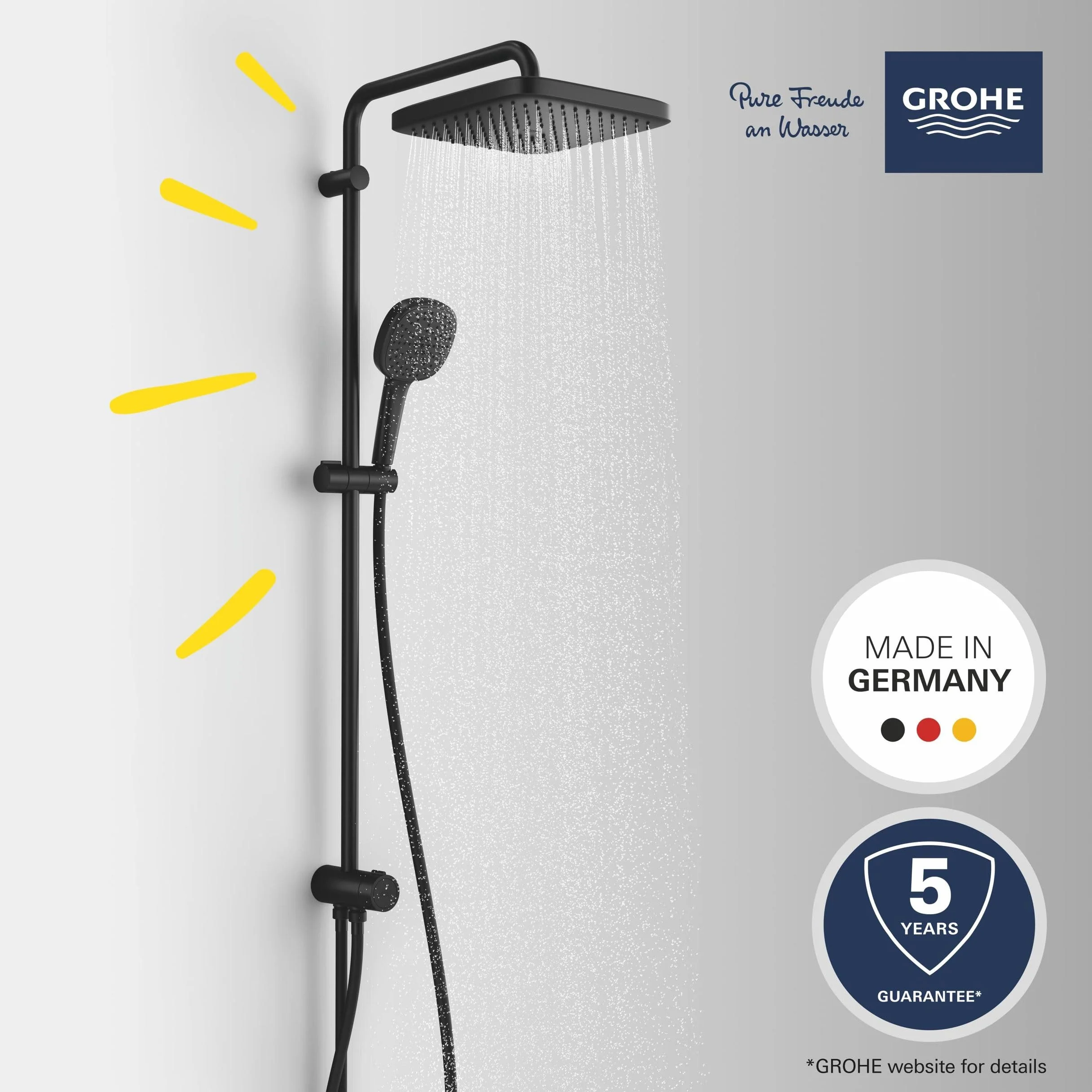 GROHE Vitalio Comfort 250 Flex – odsłonięty system prysznicowy z przełącznikiem (kwadratowa głowica prysznicowa 25 cm, 2 spraye, prysznic ręczny 11 cm, 2 spraye, 2 węże prysznicowe: 1,25 m i 1,5 m,