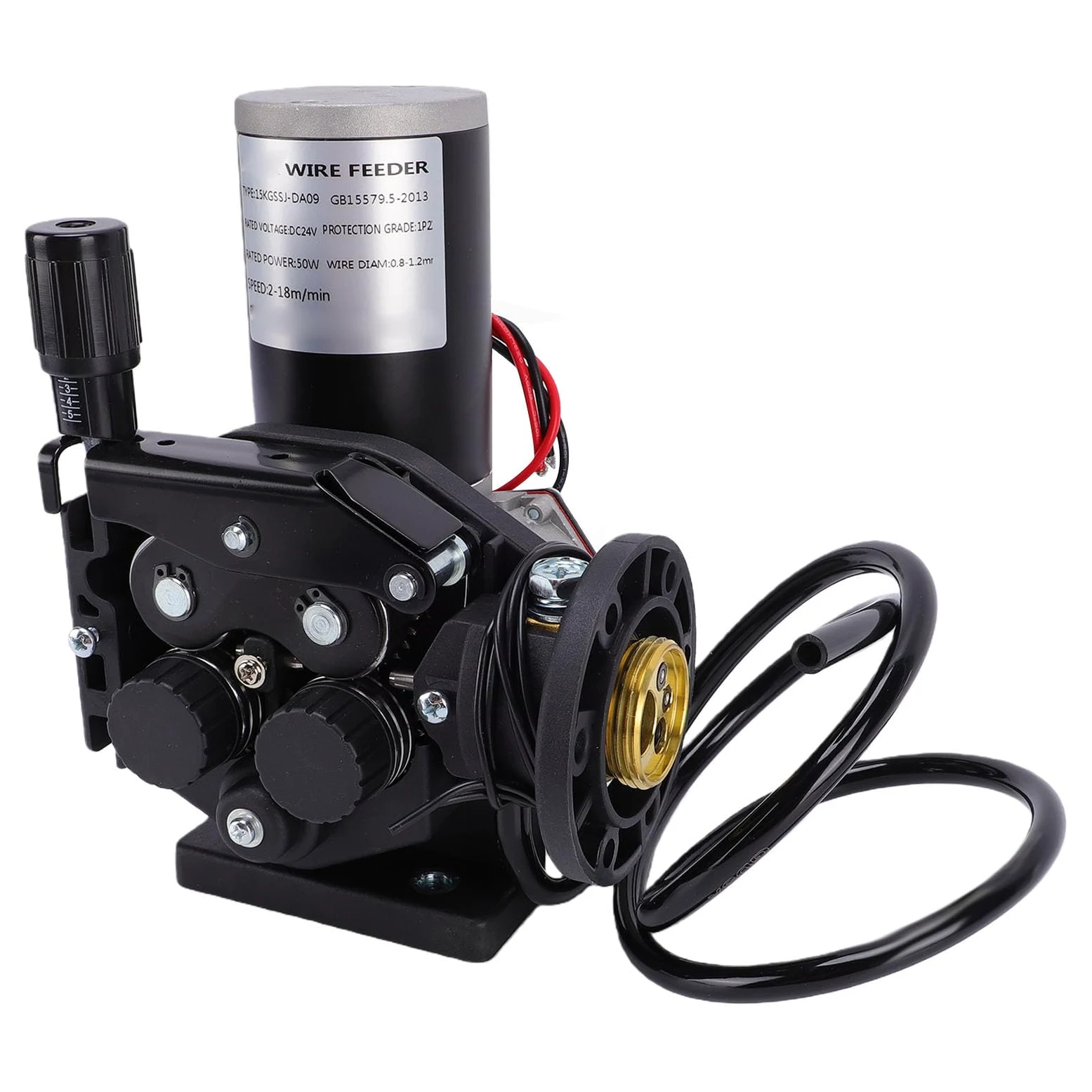 FTVOGUE Silnik Podajnika Drutu Spawalniczego MIG MAG, 4-rolkowy Podajnik Drutu Metalowego, DC24V 50W, Regulacja od 2 do 18 M na minutę, Gniazdo Europejskie do Półautomatycznych Maszyn Spawalniczych ze