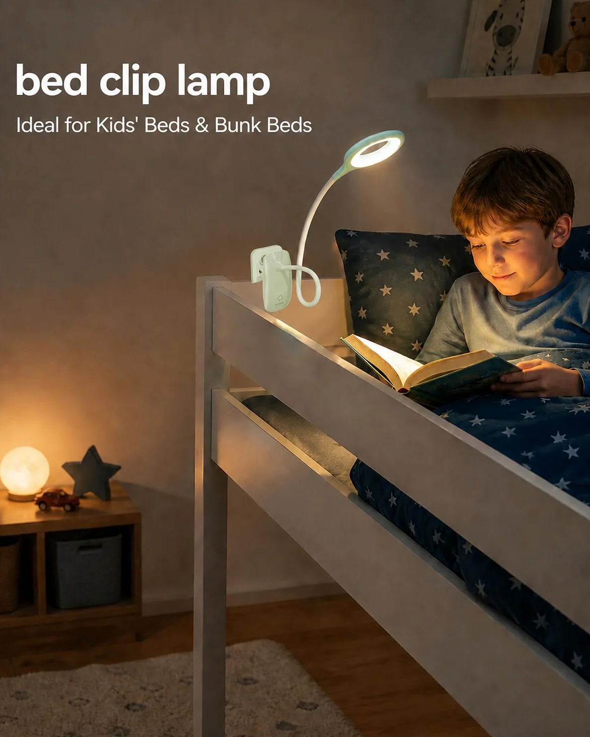 Lampka Zaciskowa do Łóżka dla Dzieci, LED Lampka do Czytania z Klipsem USB, 3 Kolory Światła, Dotykowe Ściemnianie, Lampka Nocna z Elastycznym Ramieniem do Pokoju Dziecka, Łóżka Piętrowego,niebieska