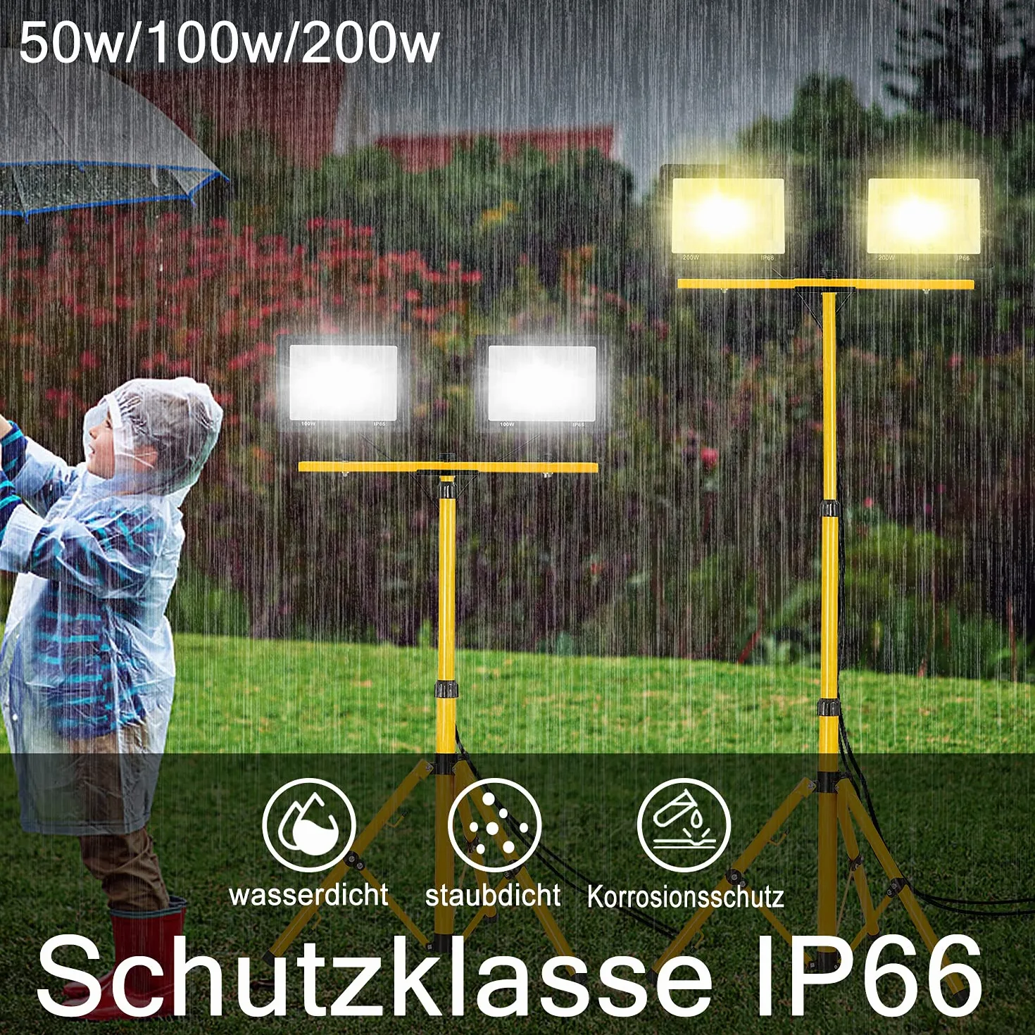 Reflektor budowlany LED, 200 W, ciepła biel, ze statywem o regulowanej wysokości, lampa robocza LED, w zestawie kabel sieciowy, wodoszczelność IP66, reflektor postojowy, reflektor roboczy na