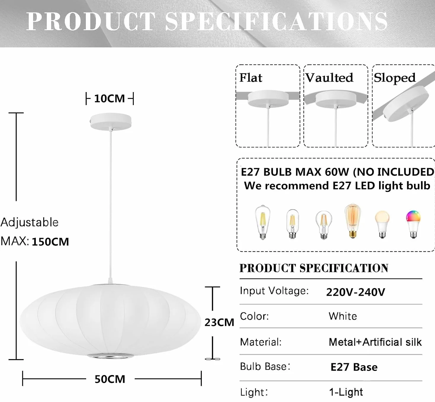 Lampa Wisząca W Kształcie Latarni, Abażur Z Imitacji Jedwabiu, Biała Lampa Wisząca W Stylu Boho Wabi-sabi, Regulowana Wysokość, Prosty Kreatywny Żyrandol Do Salonu, Jadalni, Kuchni, Wyspy(50CM)