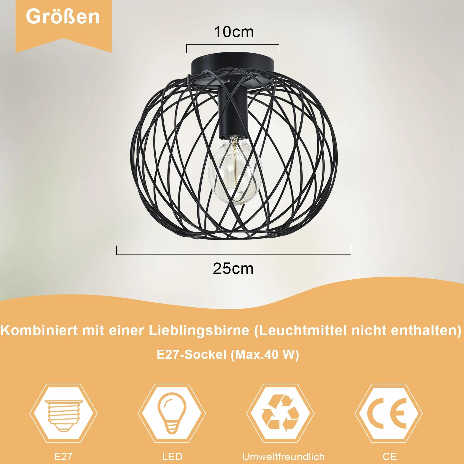 Glitzerlife Lampa sufitowa czarna lampa do korytarza industrialna 3ER | Lampa sufitowa E27 Vintage 1 płomień okrągły retro metalowy klosz lampa w kształcie klatki kratka jadalnia salon kuchnia