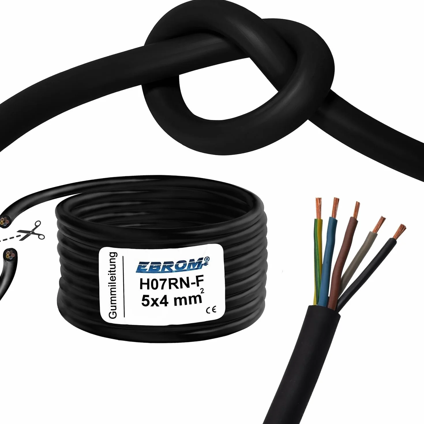 Elastyczny przewód gumowy H07RN-F 5 x 4 mm² czarny do stacji ładującej na ścianie, gniazdo do ładowarki elektrycznej, przyłącze do stacji ładującej, 5 x 4 mm² z dokładnością do metra, w odstępach 1