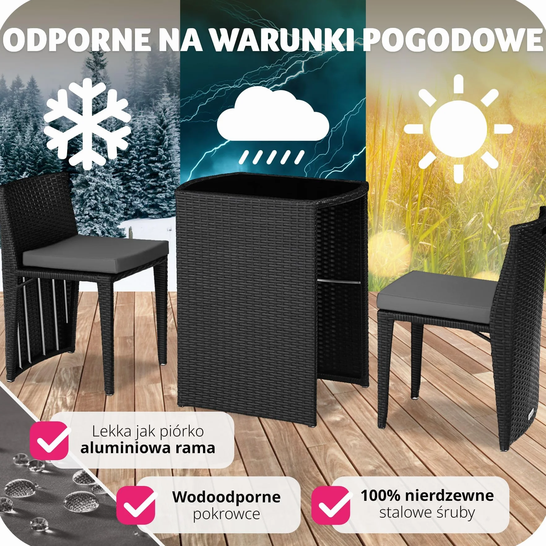 Zestaw Mebli Ogrodowych z Polirattanu, Wodoodporne Poduszki, Czarny