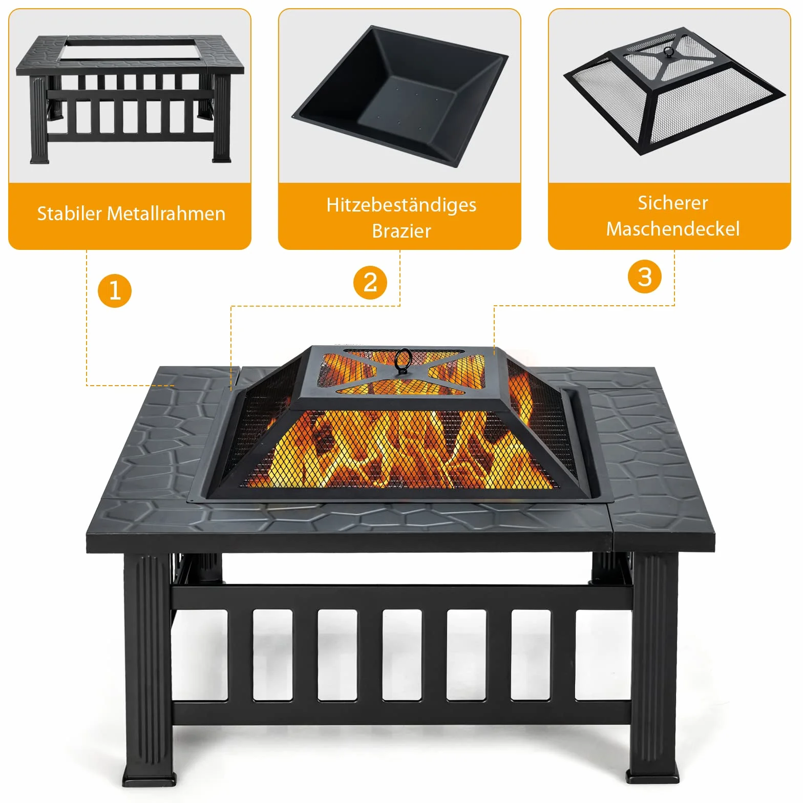 COSTWAY Palenisko z rusztem 3 w 1 z ochroną przed iskrami 81 x 81 x 50 cm Fire Pit do ogrodu czarny