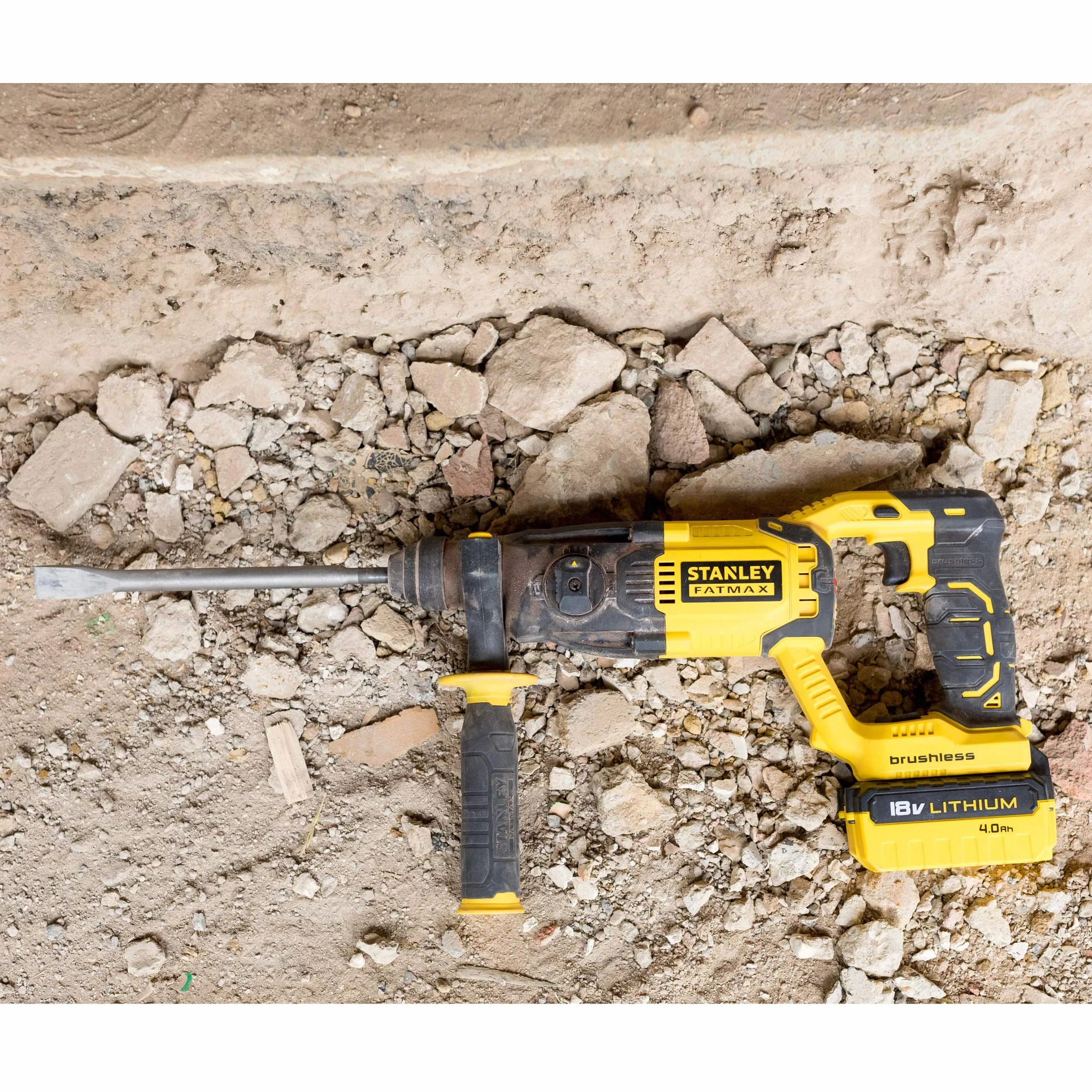 Stanley FATMAX Młotek udarowy SDS-Plus 18V BRUSHLESS z 1 baterią 4 Ah + 1 torbą 1,5J Prędkość 0-2,200 obr/min 5,775 ipm Wytrzymała i ergonomiczna seria FMCD900M1S-QW