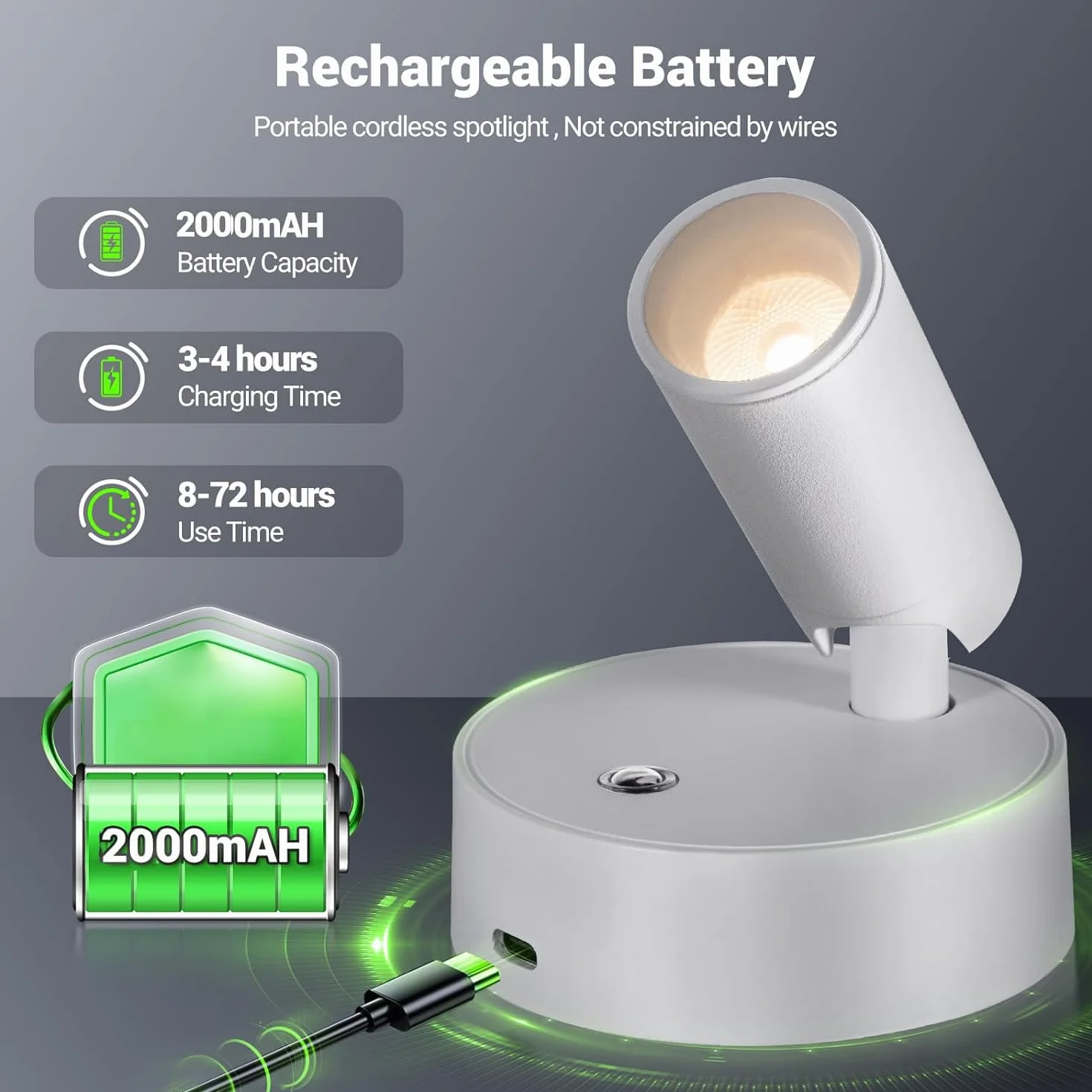 Cefrank Ściemnialny Bezprzewodowy Reflektor LED na baterie 4000K 2000mAh Czas pracy 320° Obrotowy 1 sztuka Biały, Lampy do czytania - Montowane na biurkach, szafkach, łóżkach