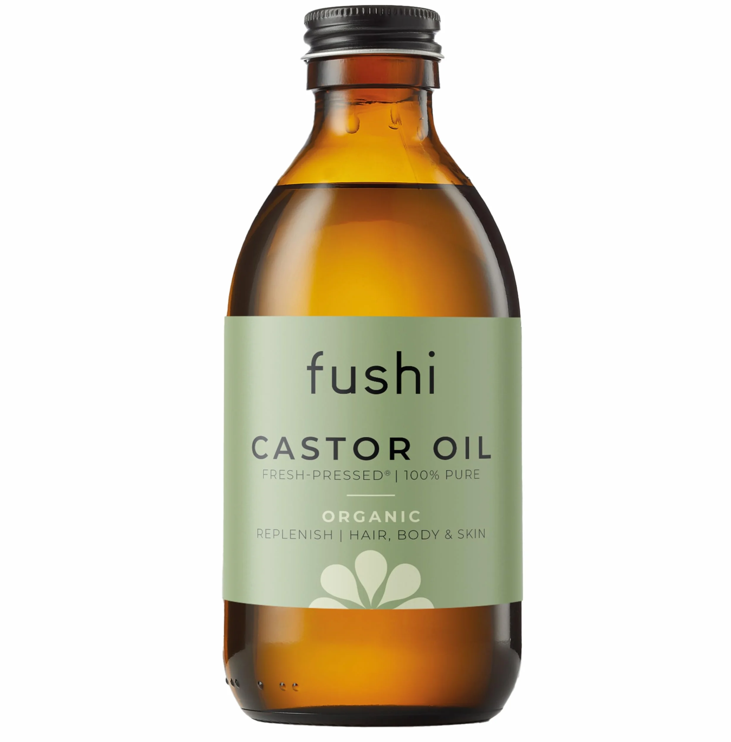 Fushi Bio olej rycynowy, 250 ml, 100% czysty, zimny i świeżo wyciskany, do suchej skóry i włosów, rzęs i brwi, bez heksanu, naturalna jakość żywności, pozyskiwany w sposób zrównoważony (opakowanie