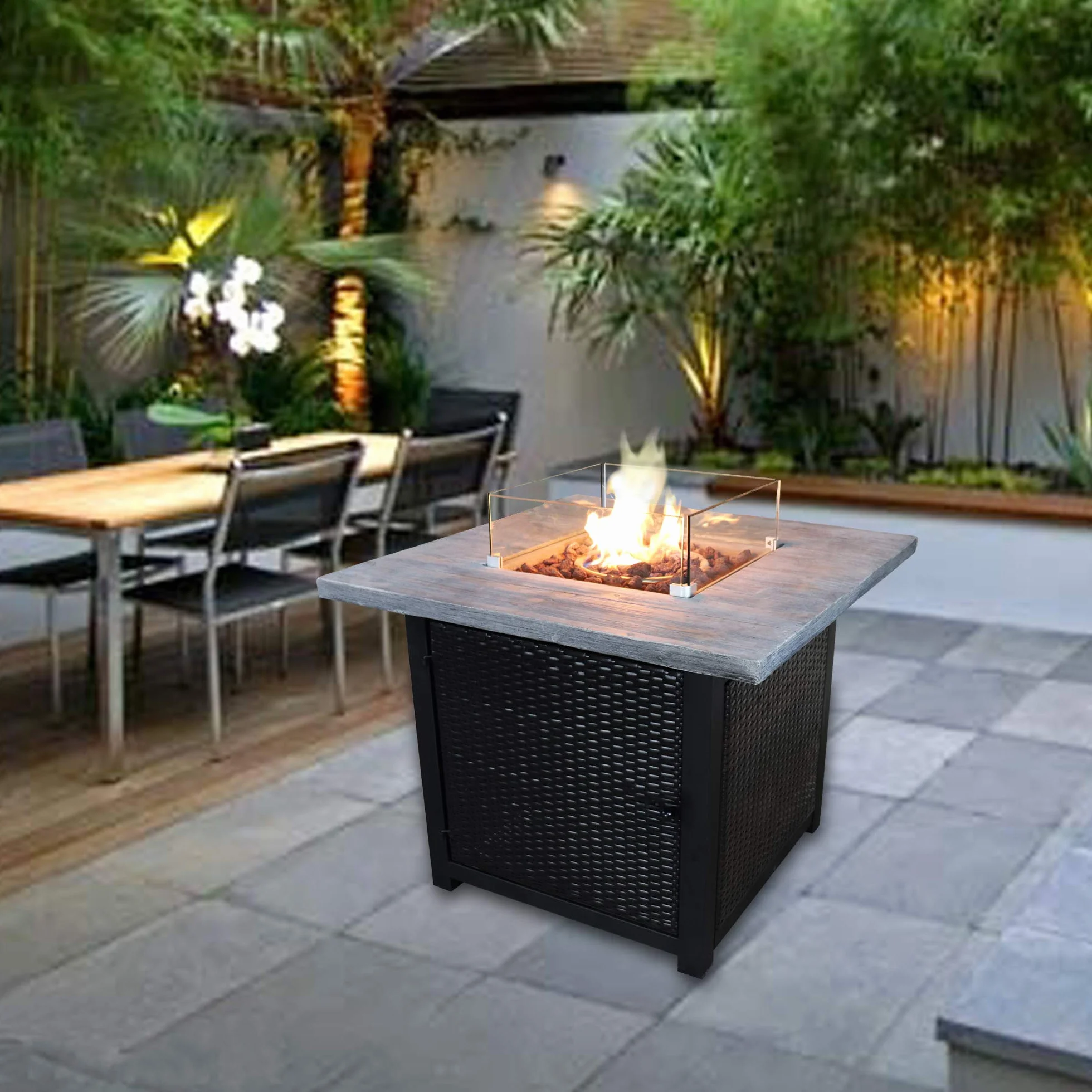 Palenisko na propan kwadratowe 6 kg skały lawowe z osłoną PCW regulator w zestawie