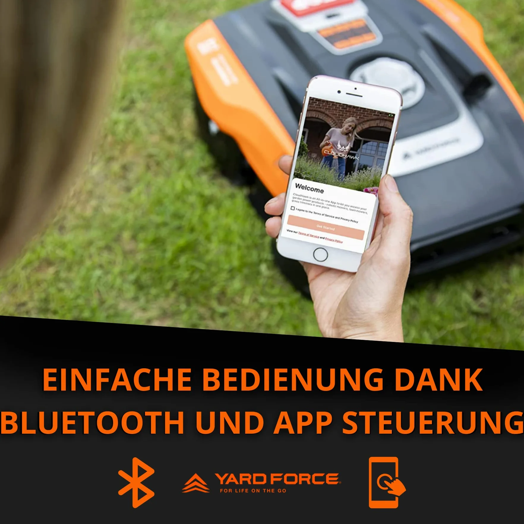 YARD FORCE Kosiarka Compact 300RBS samobieżna czujnik ultradźwiękowy iRadar Bluetooth silnik bezszczotkowy 20 V 2,0 Ah Czarna pomarańczowa