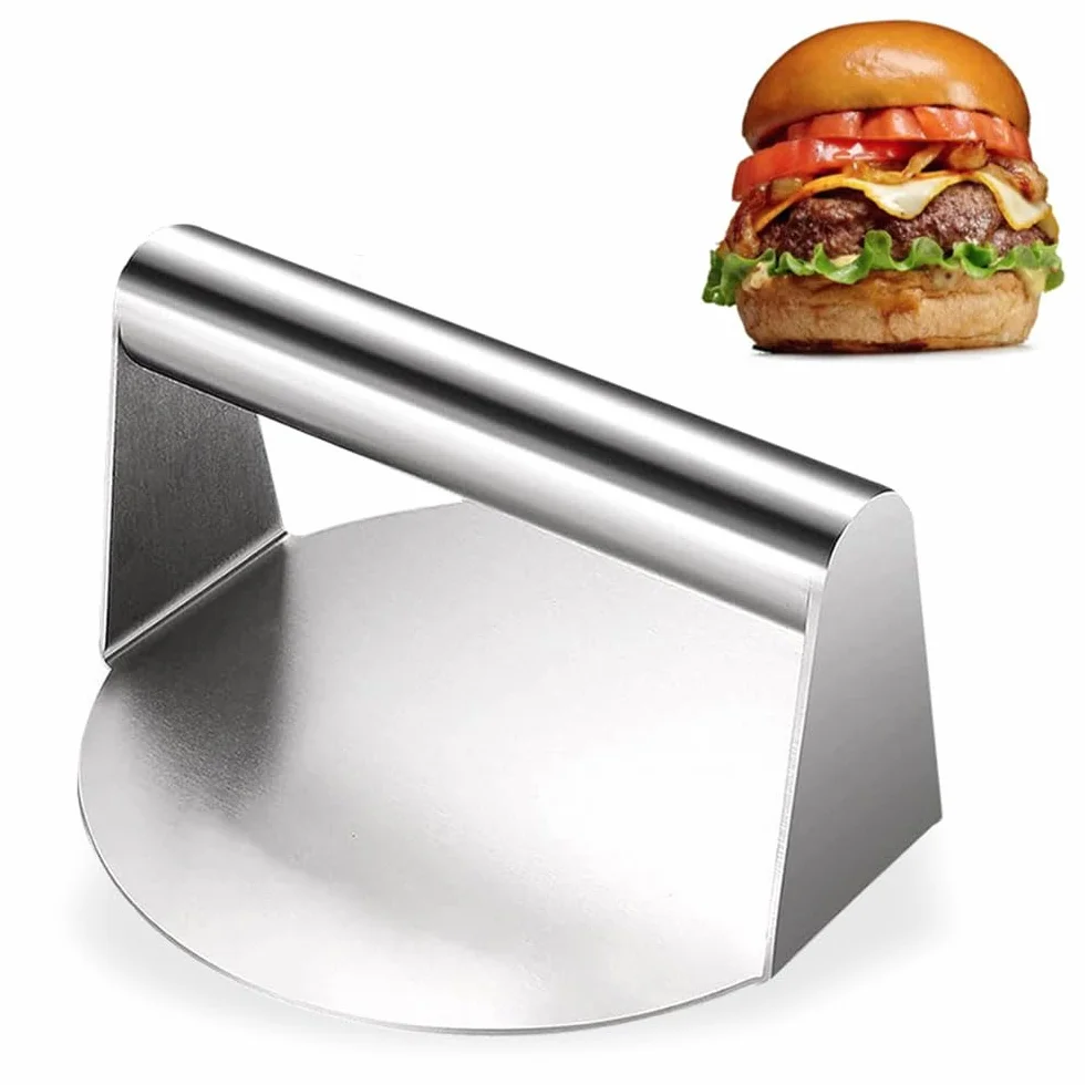Prasa do burgerów ze stali nierdzewnej 304, okrągła prasa do hamburgerów, 14,5 cm, profesjonalna prasa do hamburgerów, akcesoria do grilla, do grillowania Flat Top Grill, Squeeze Grease,