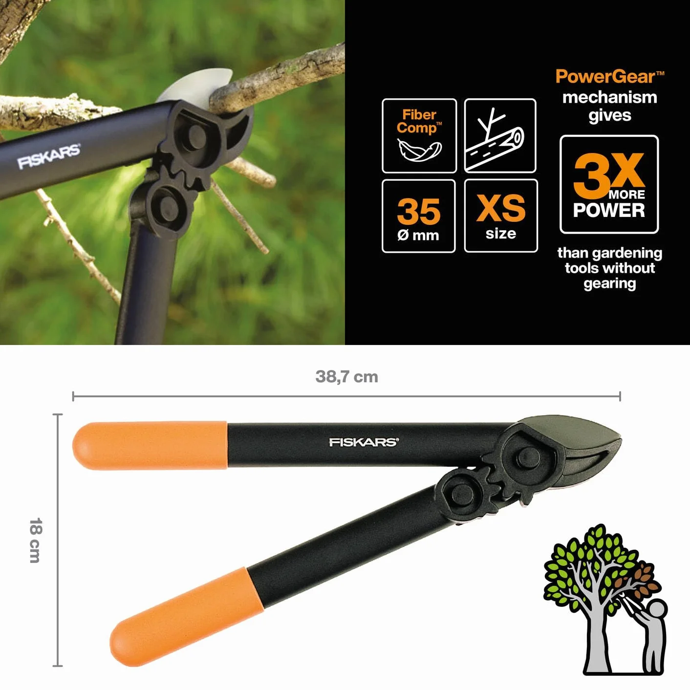 Fiskars PowerGear Sekator kowadełkowy 39 cm, hartowana stal, powłoka nieprzywierająca, czarny/pomarańczowy