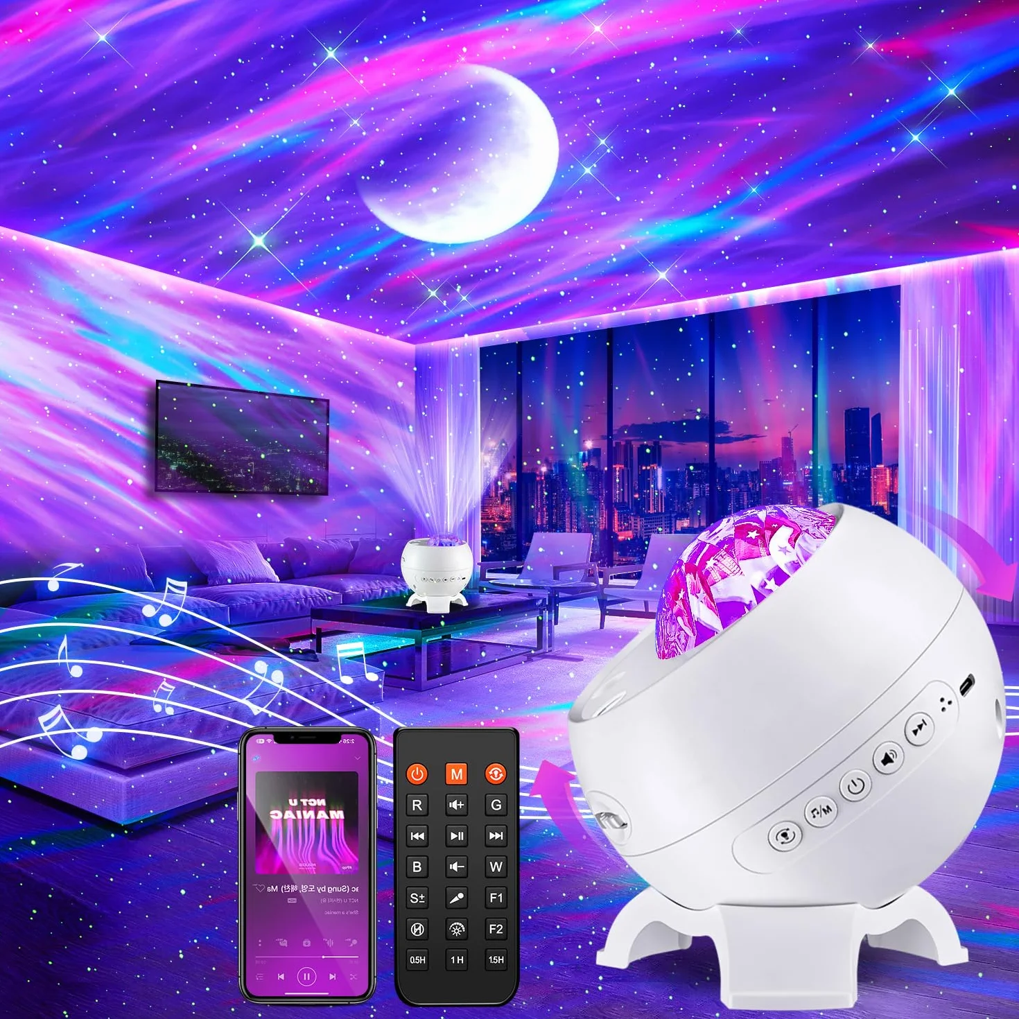 COOLNIGHT Projektor gwiaździste niebo do sypialni LED, lampka nocna dla dzieci z 15 kolorami + 5 księżycami, dekoracja sypialni Bluetooth z 15 białymi dźwiękami i pilotem, prezent na Dzień Matki